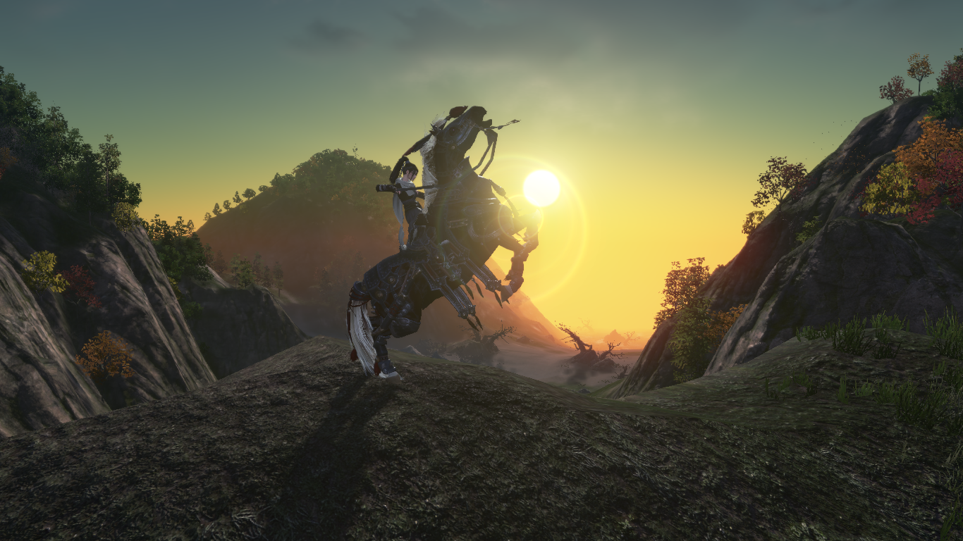A warrior on horseback at sunset in a mountainous landscape HD Wallpaper