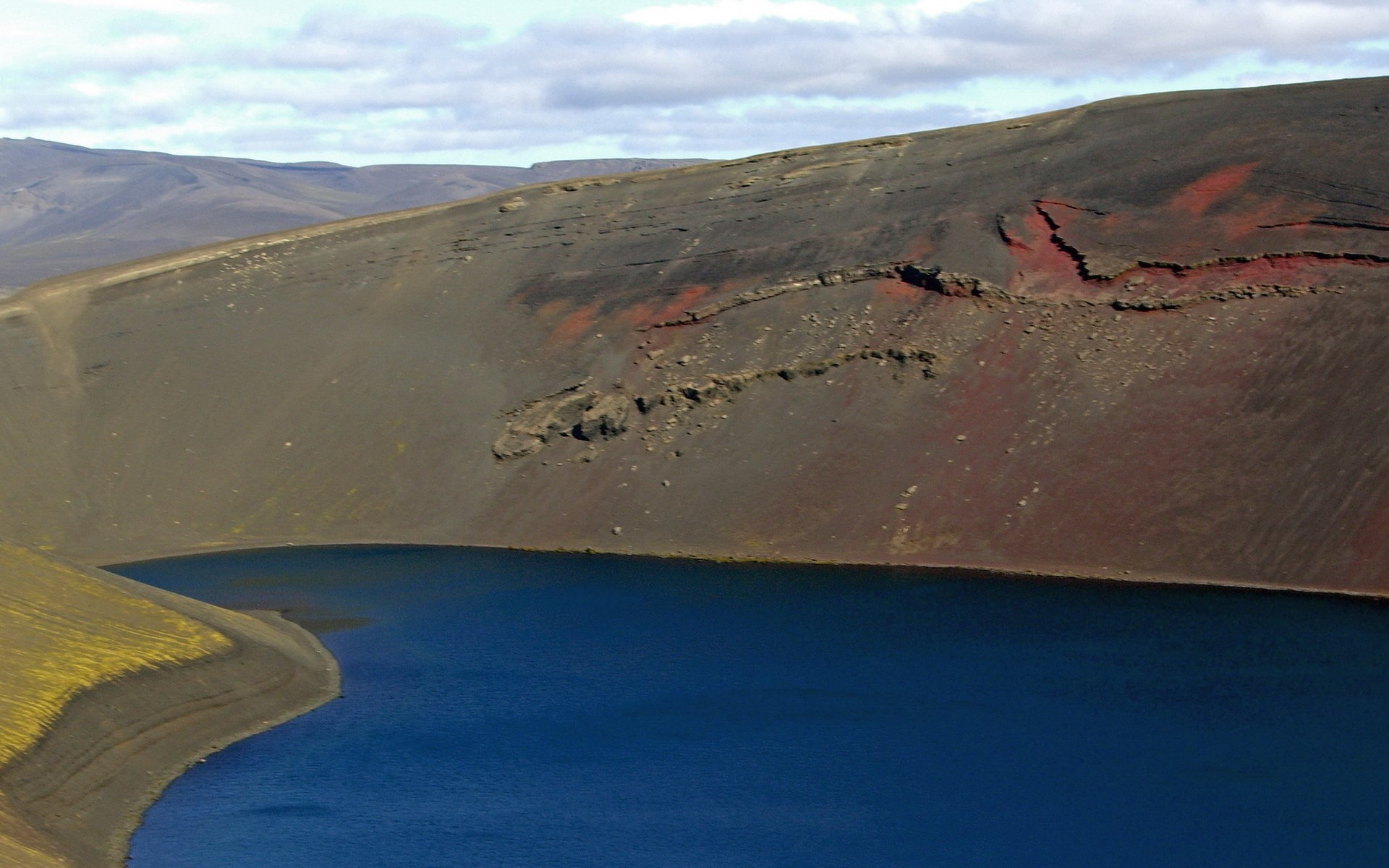 Volcanic Crater Lake with Red and Black Slopes HD Wallpaper