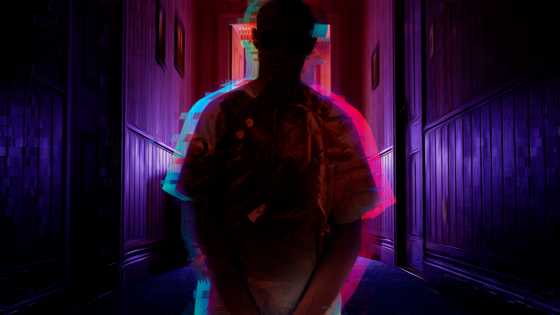 Figure in a dark hallway with glitch effects HD Wallpaper