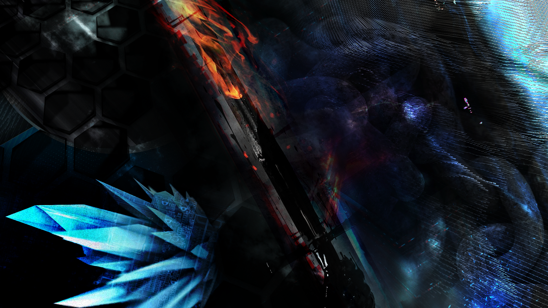 Abstract digital art with blue crystal and fire HD Wallpaper