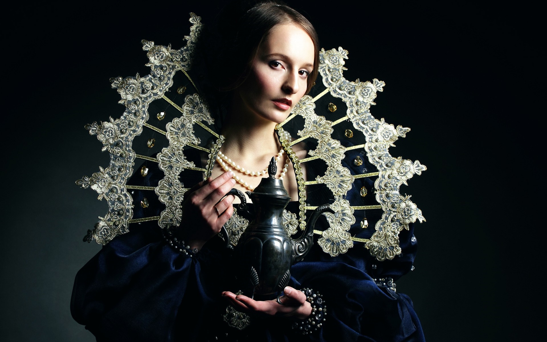 Woman in historical costume holding a teapot HD Wallpaper
