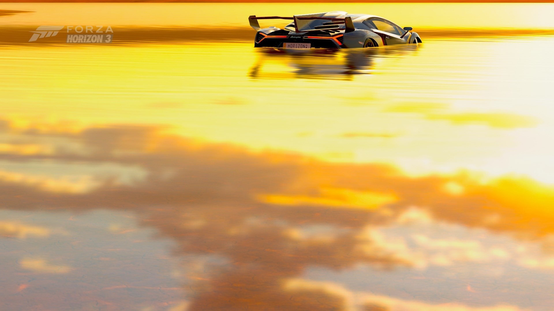 Forza Horizon 3: Lamborghini driving through water at sunset HD Wallpaper