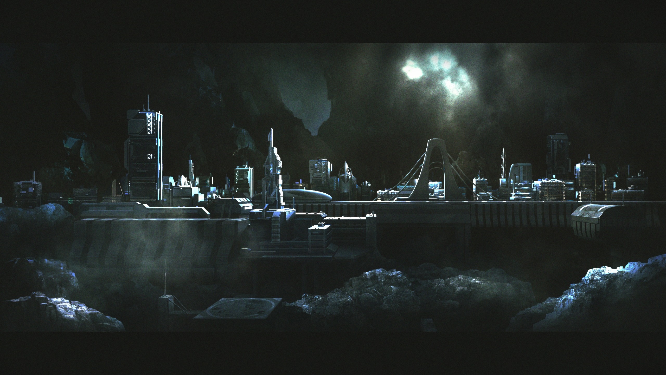Futuristic city skyline at night with moonlit clouds HD Wallpaper