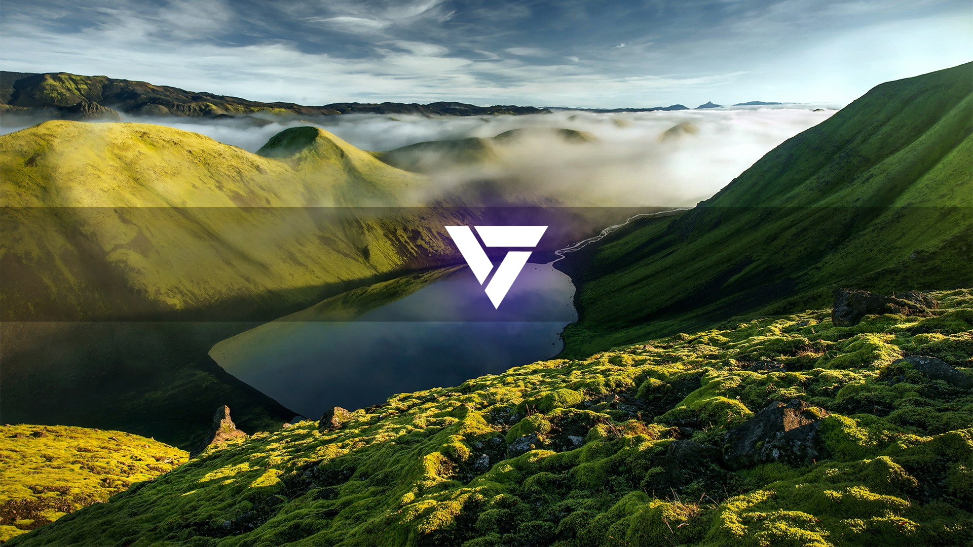Green mossy hills and a lake with a logo HD Wallpaper