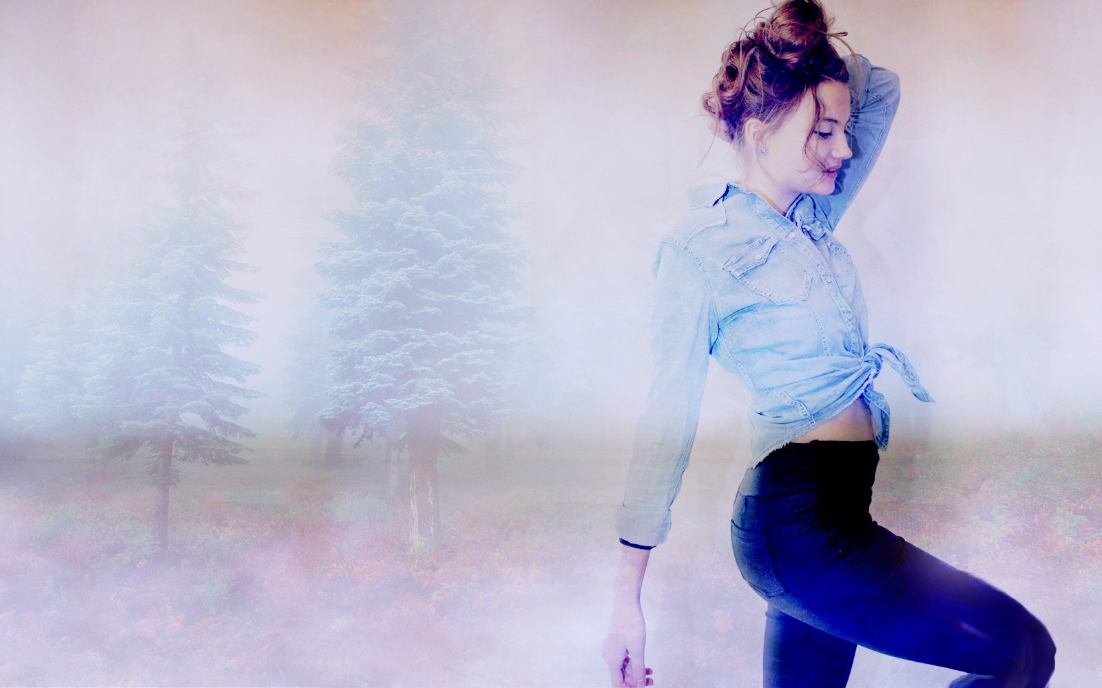 Woman in denim shirt and black pants posing HD Wallpaper