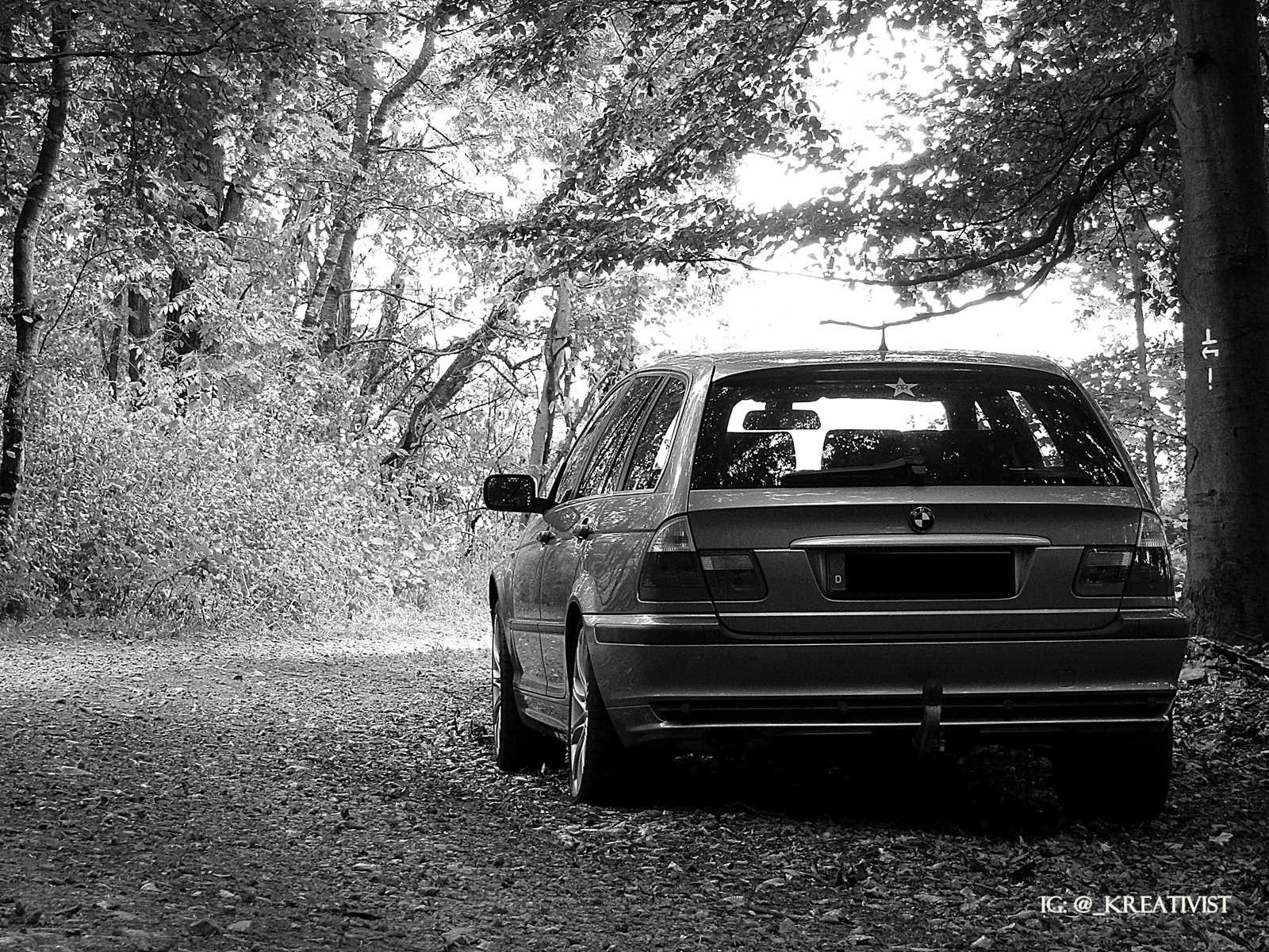 BMW E46 station wagon parked on a forest road HD Wallpaper