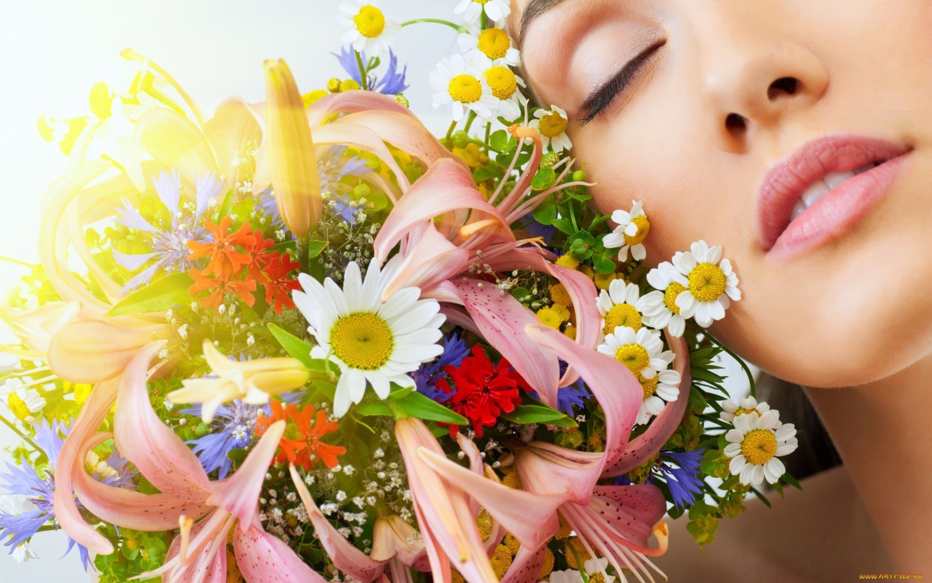 Woman with closed eyes and flower bouquet HD Wallpaper