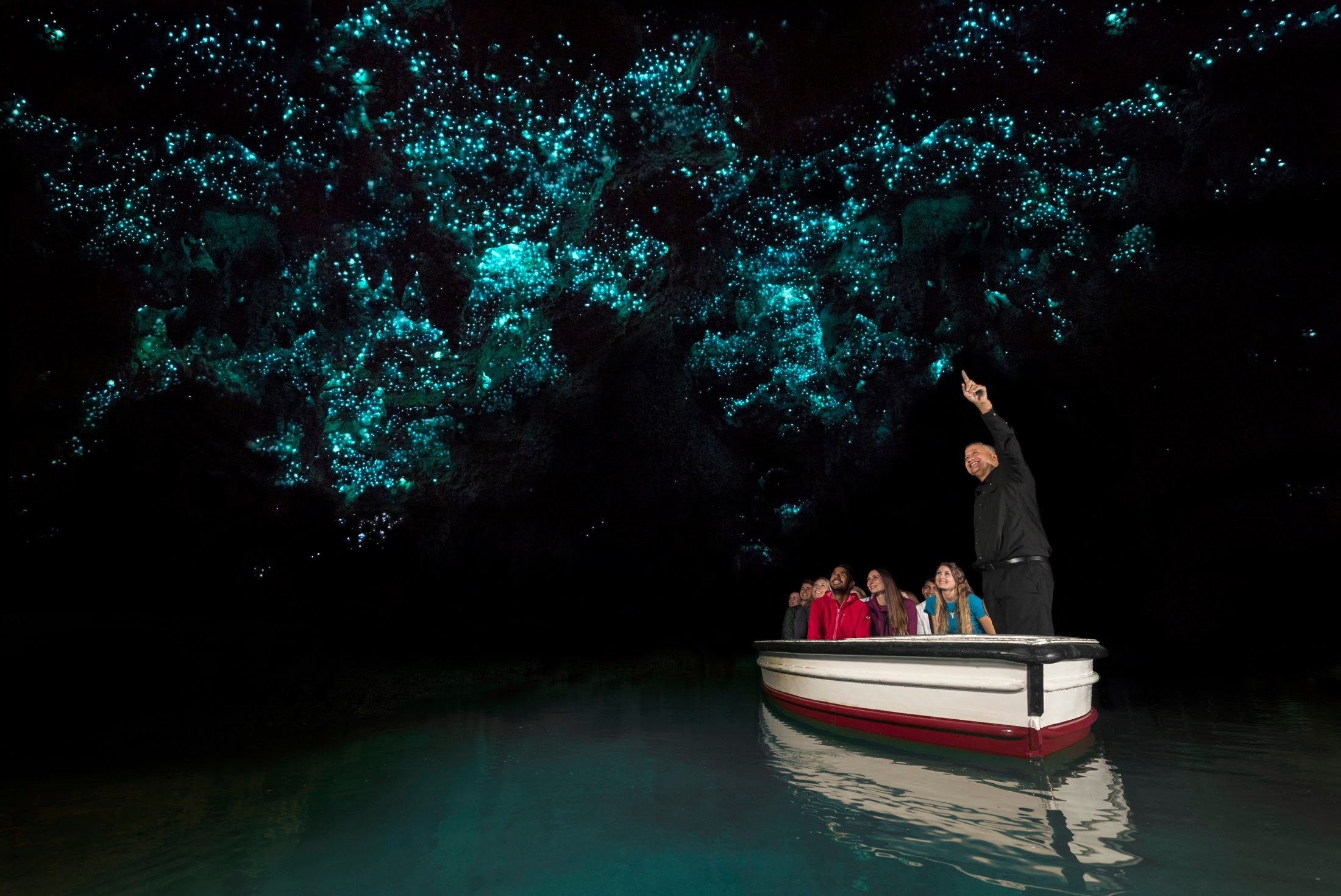 People on a boat tour in a cave with glowworms HD Wallpaper
