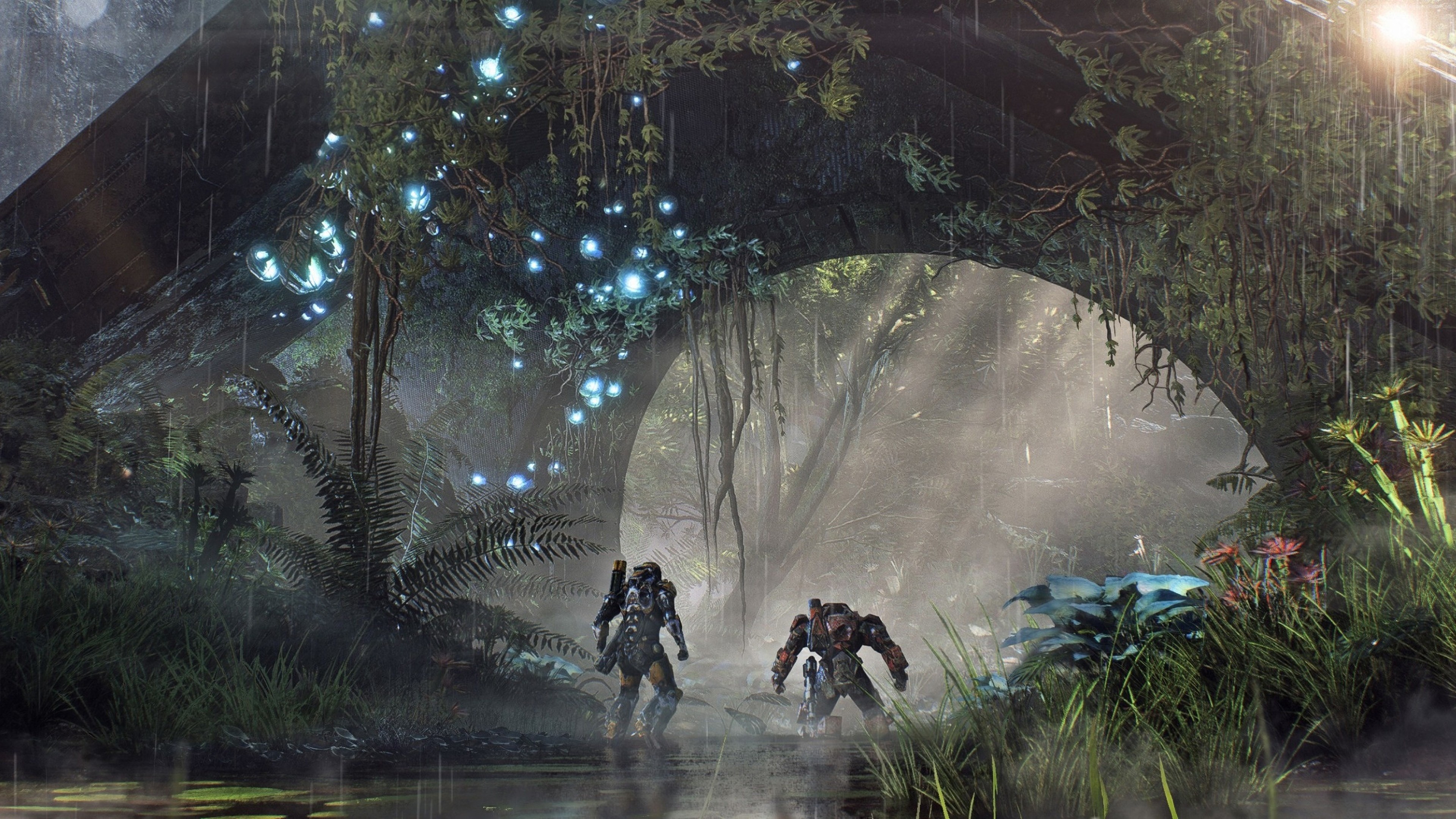 Two armored figures in a misty forest under a stone archway HD Wallpaper