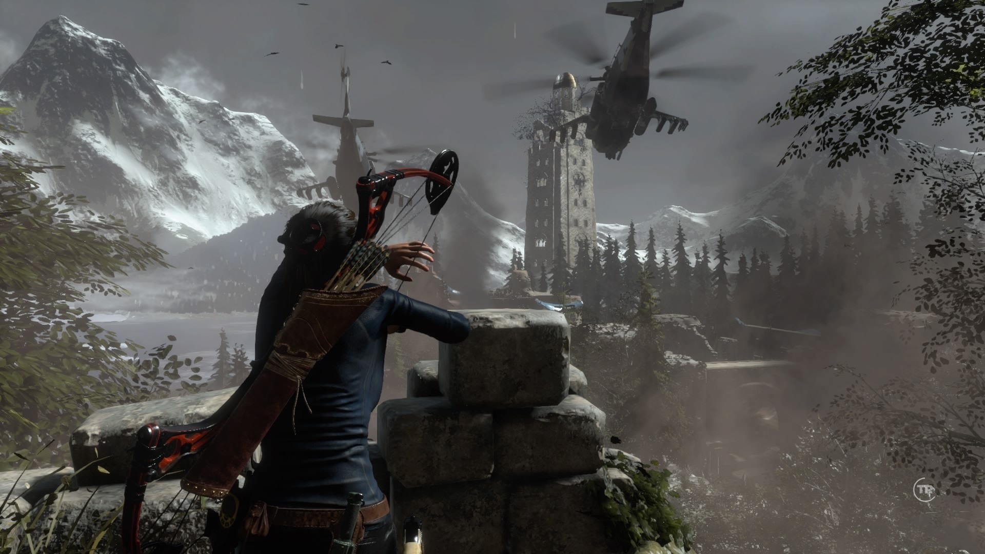 Lara Croft from Tomb Raider aiming a bow at a helicopter HD Wallpaper
