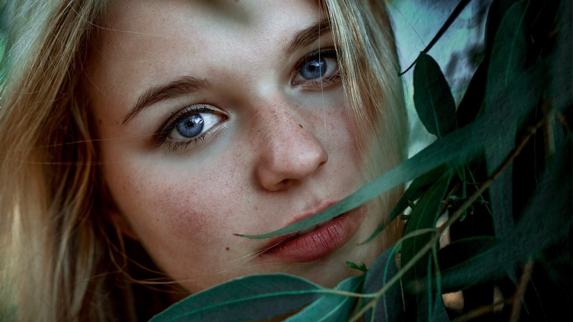 Close up portrait of a young woman with blue eyes and freckles HD Wallpaper