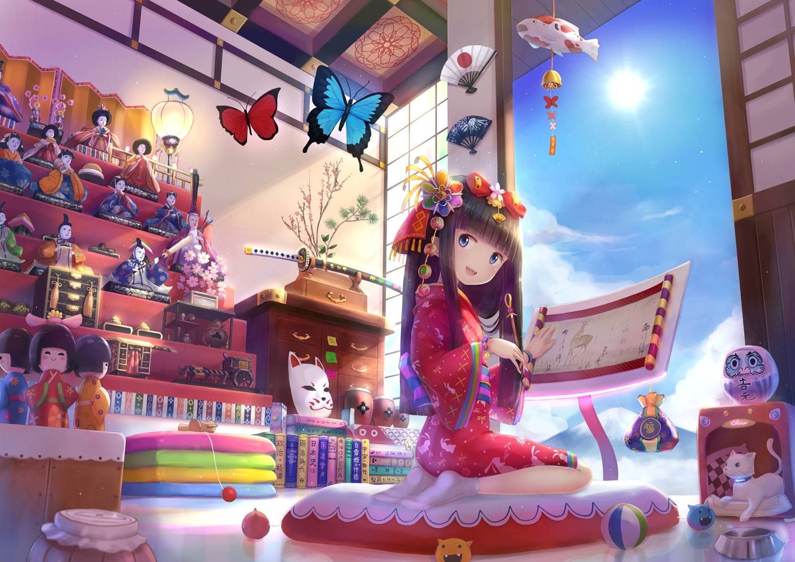 Anime girl in kimono with dolls and butterflies HD Wallpaper