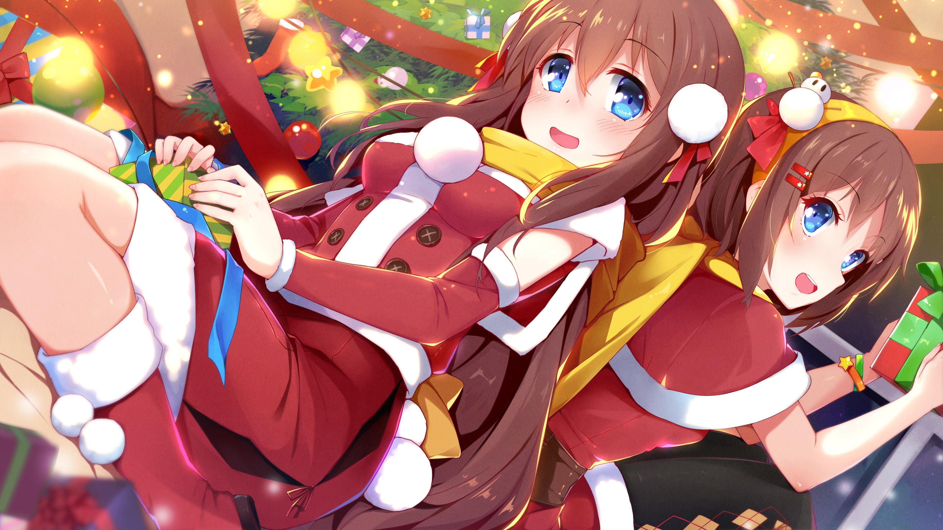 Anime girls in Christmas outfits with presents HD Wallpaper
