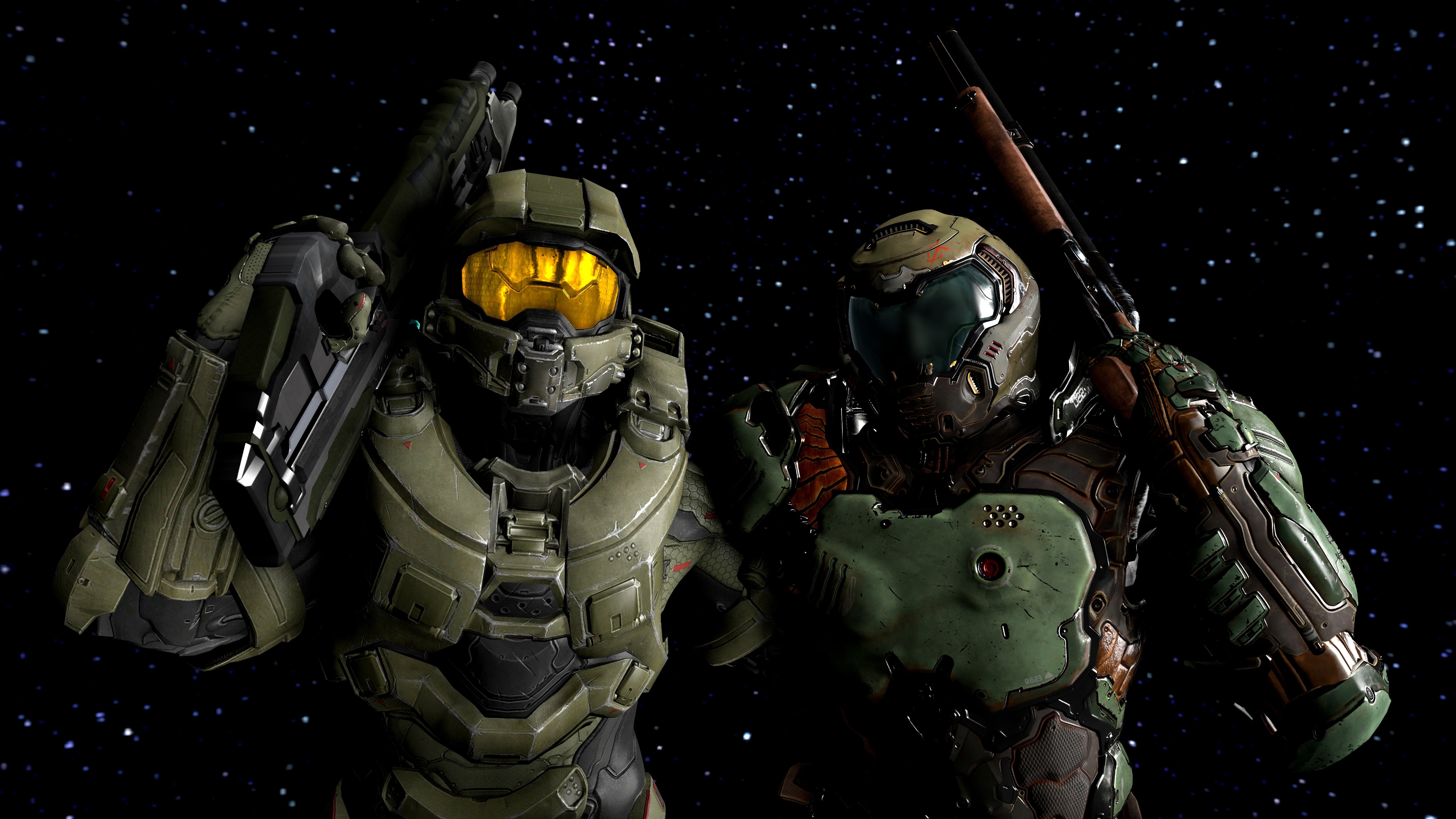 Master Chief and Doom Slayer in space HD Wallpaper