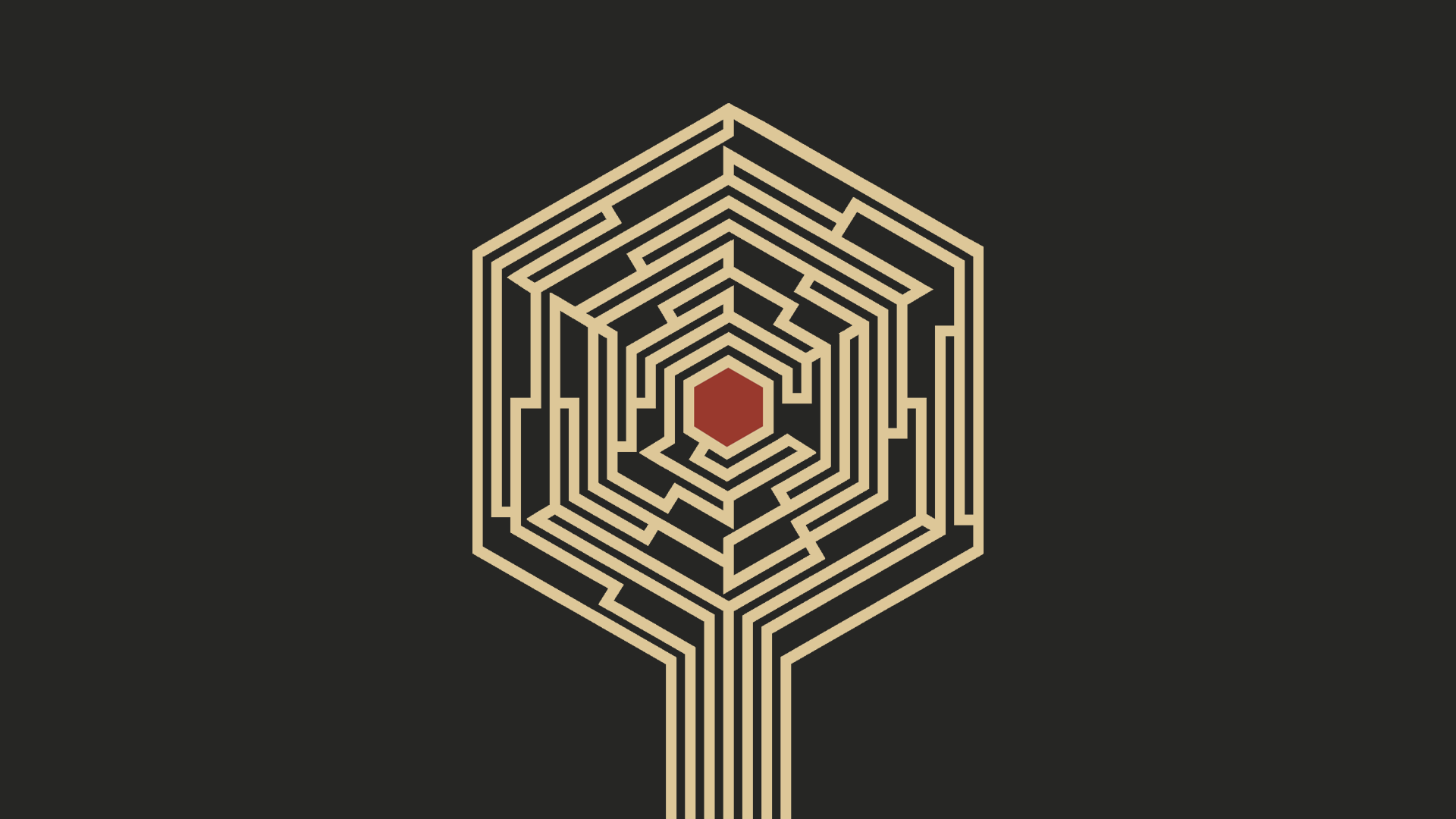 Hexagonal maze with red center on dark background HD Wallpaper