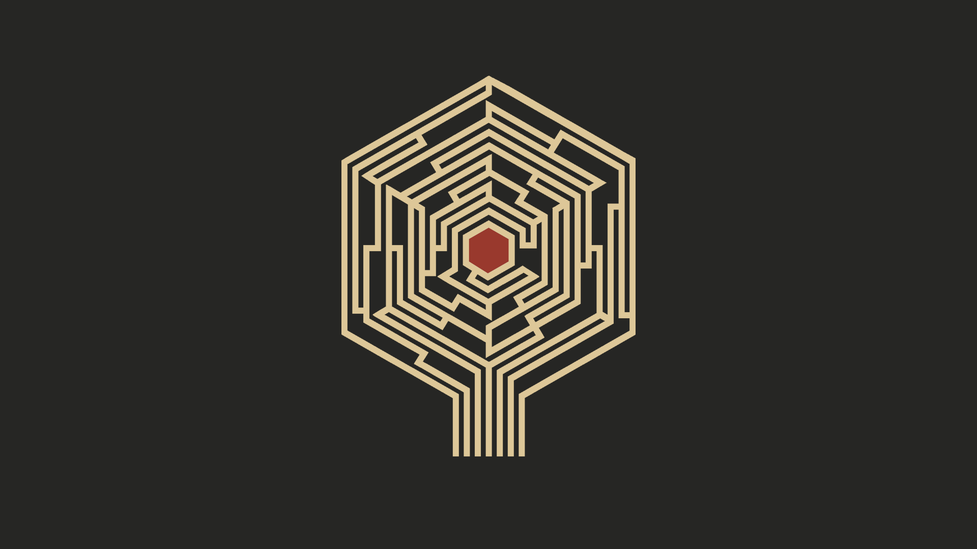 Hexagonal maze with red hexagon center HD Wallpaper