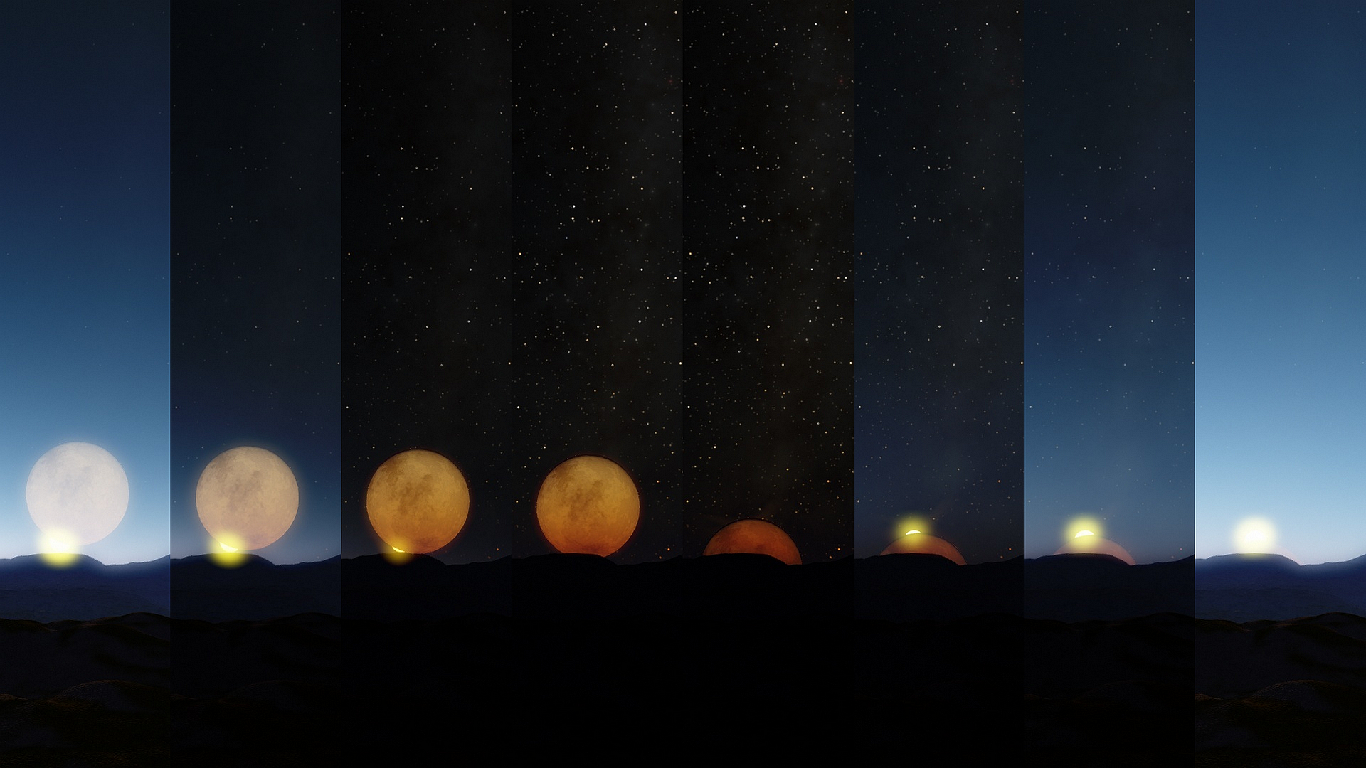 Multiple moons setting over a desert landscape under a starry sky HD Wallpaper