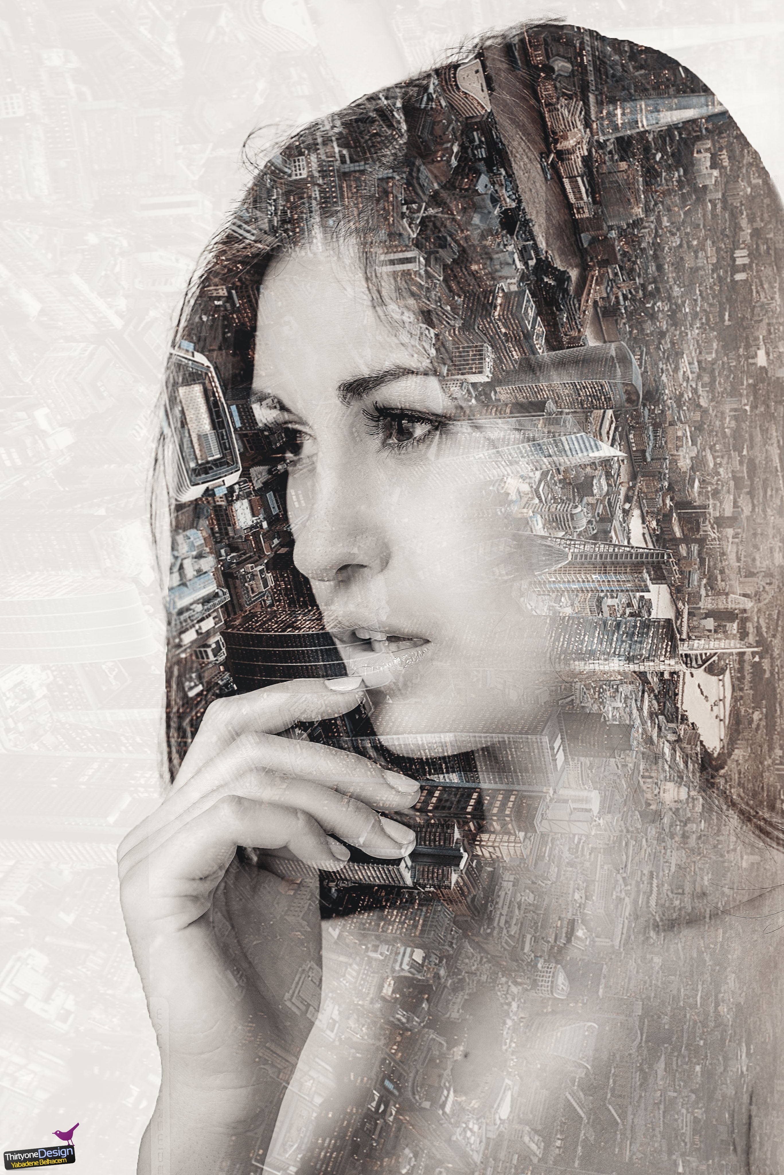 Double exposure portrait of a woman with a cityscape HD Wallpaper