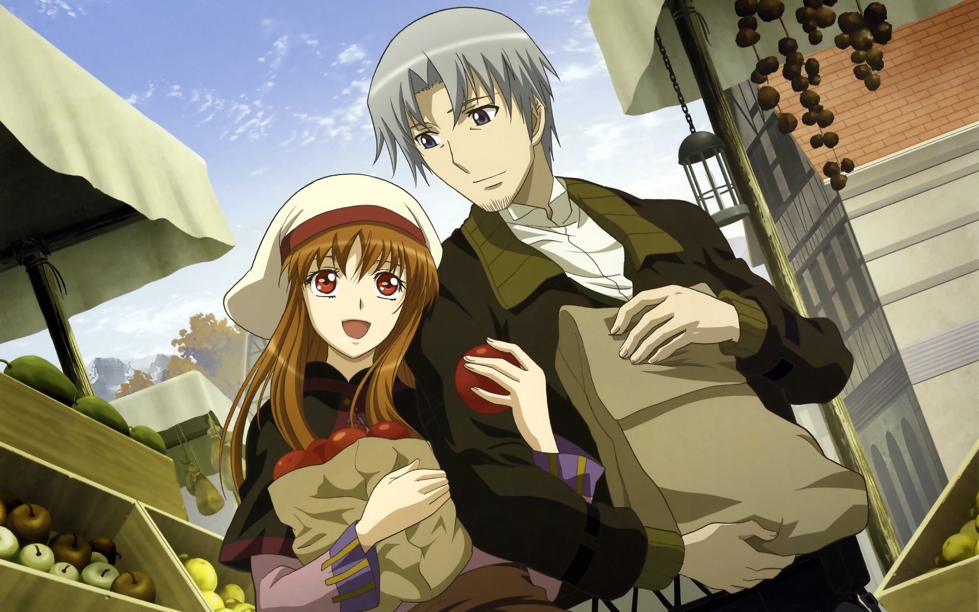 Holo and Lawrence from Spice and Wolf at a market HD Wallpaper