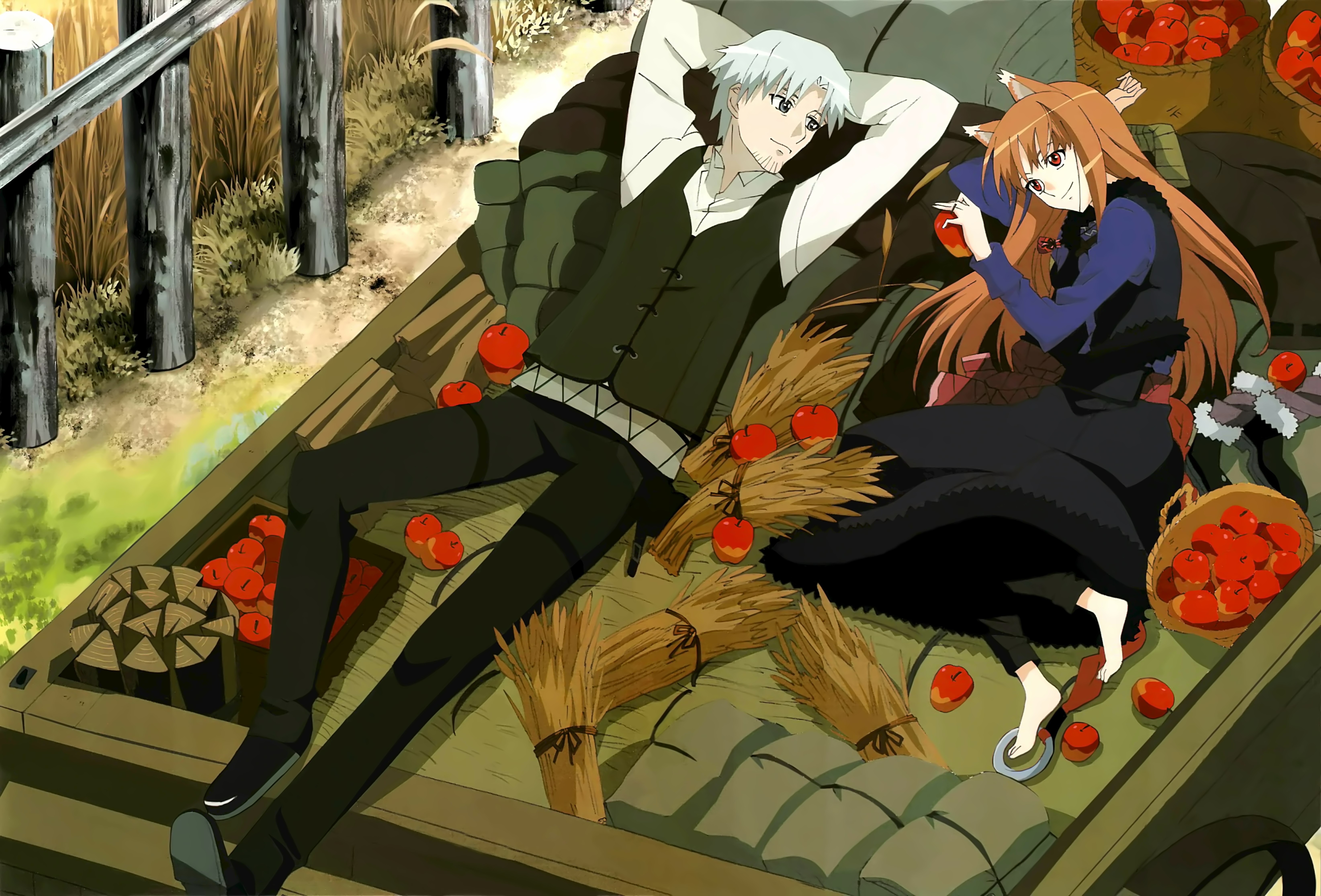 Holo and Lawrence from Spice and Wolf relaxing on a cart HD Wallpaper