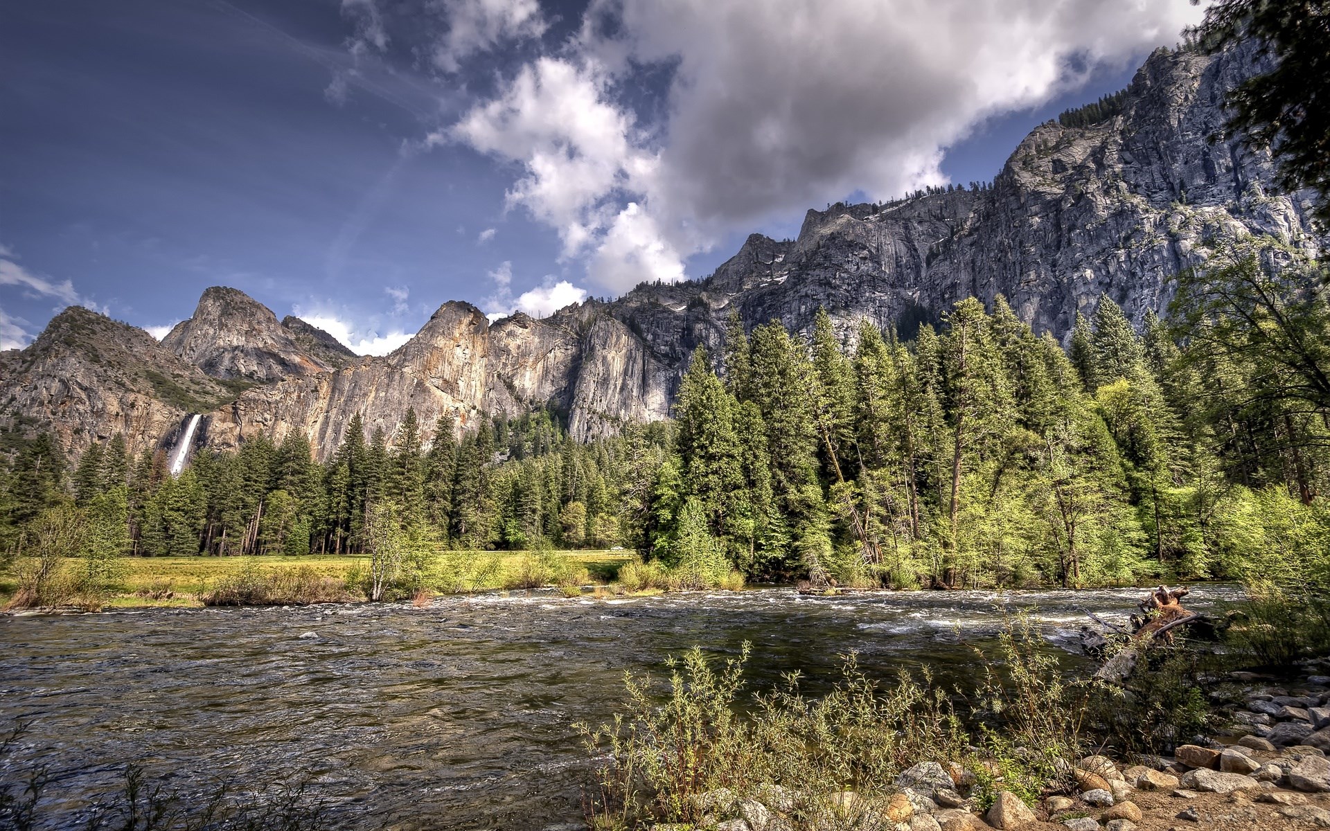 River and mountains with waterfall and pine trees HD Wallpaper
