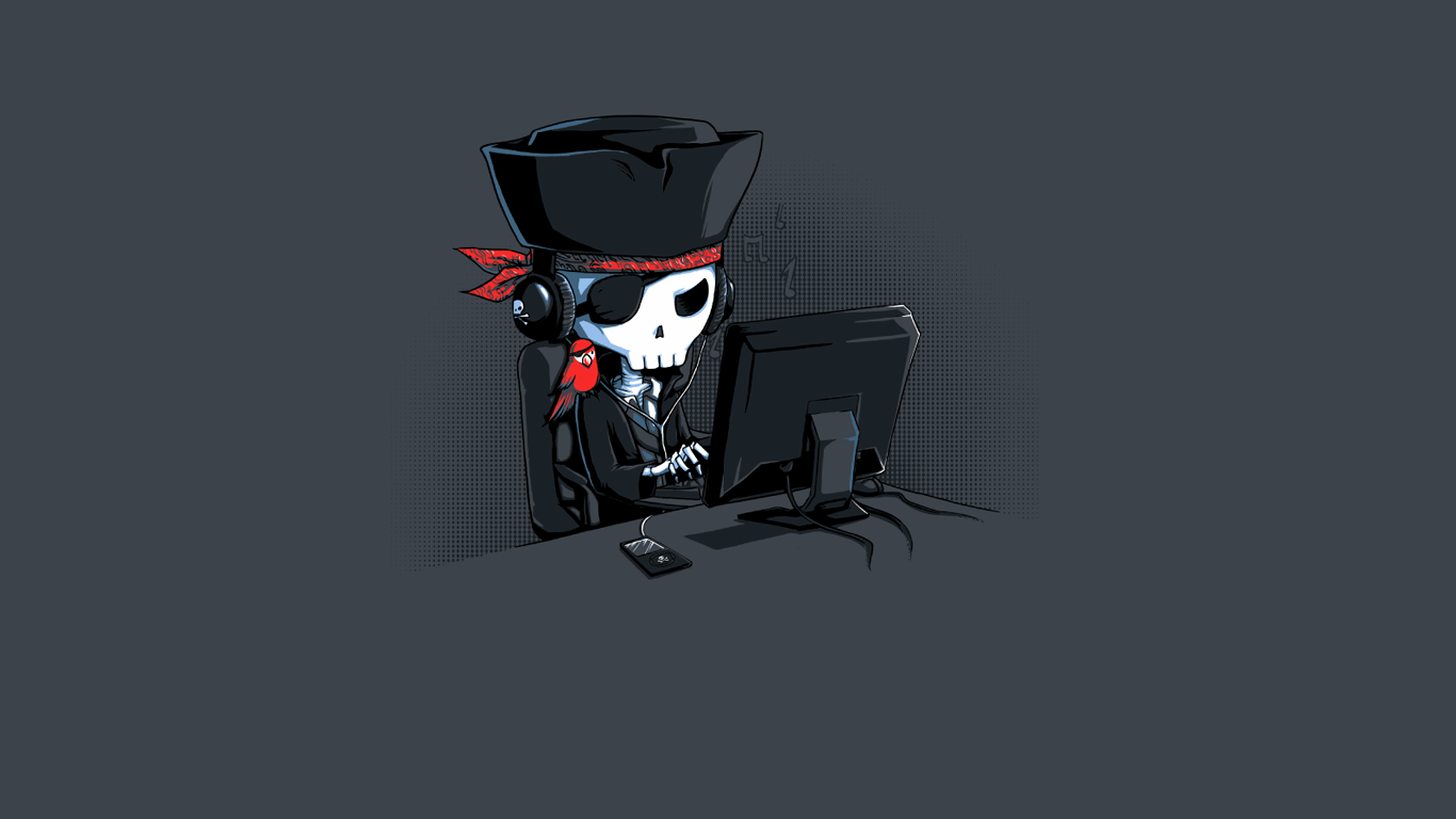 Skeleton pirate with headphones using a computer HD Wallpaper