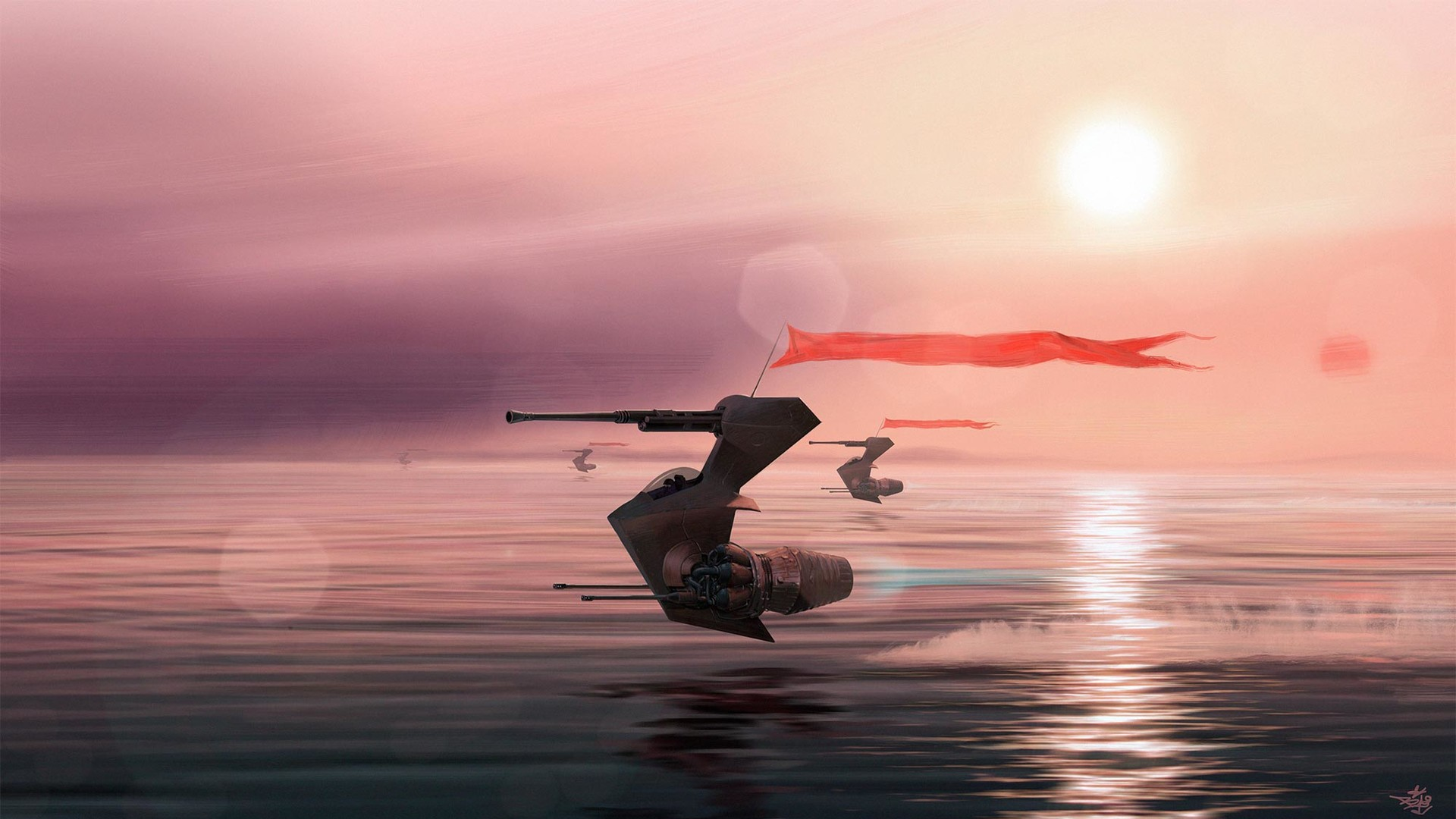Science fiction spacecraft flying over the sea at sunset HD Wallpaper