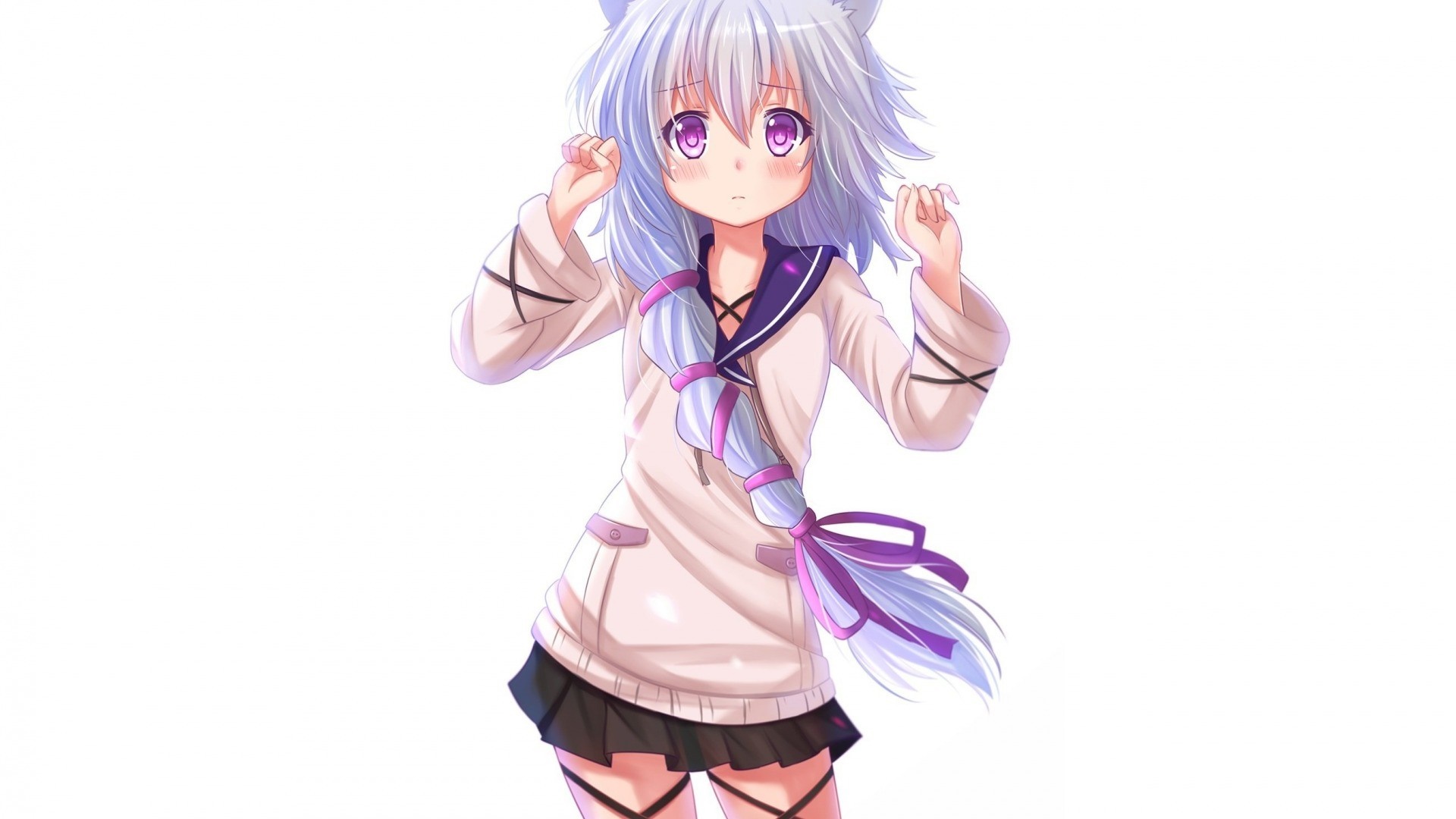 Anime girl with white hair and purple eyes HD Wallpaper