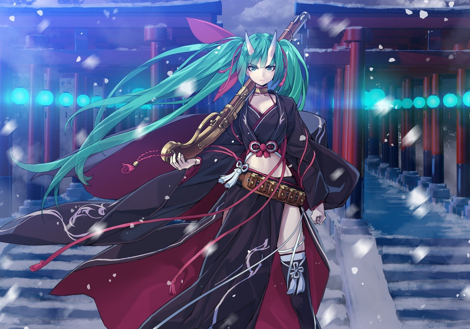 Anime girl with horns and rifle in traditional Japanese clothes HD Wallpaper