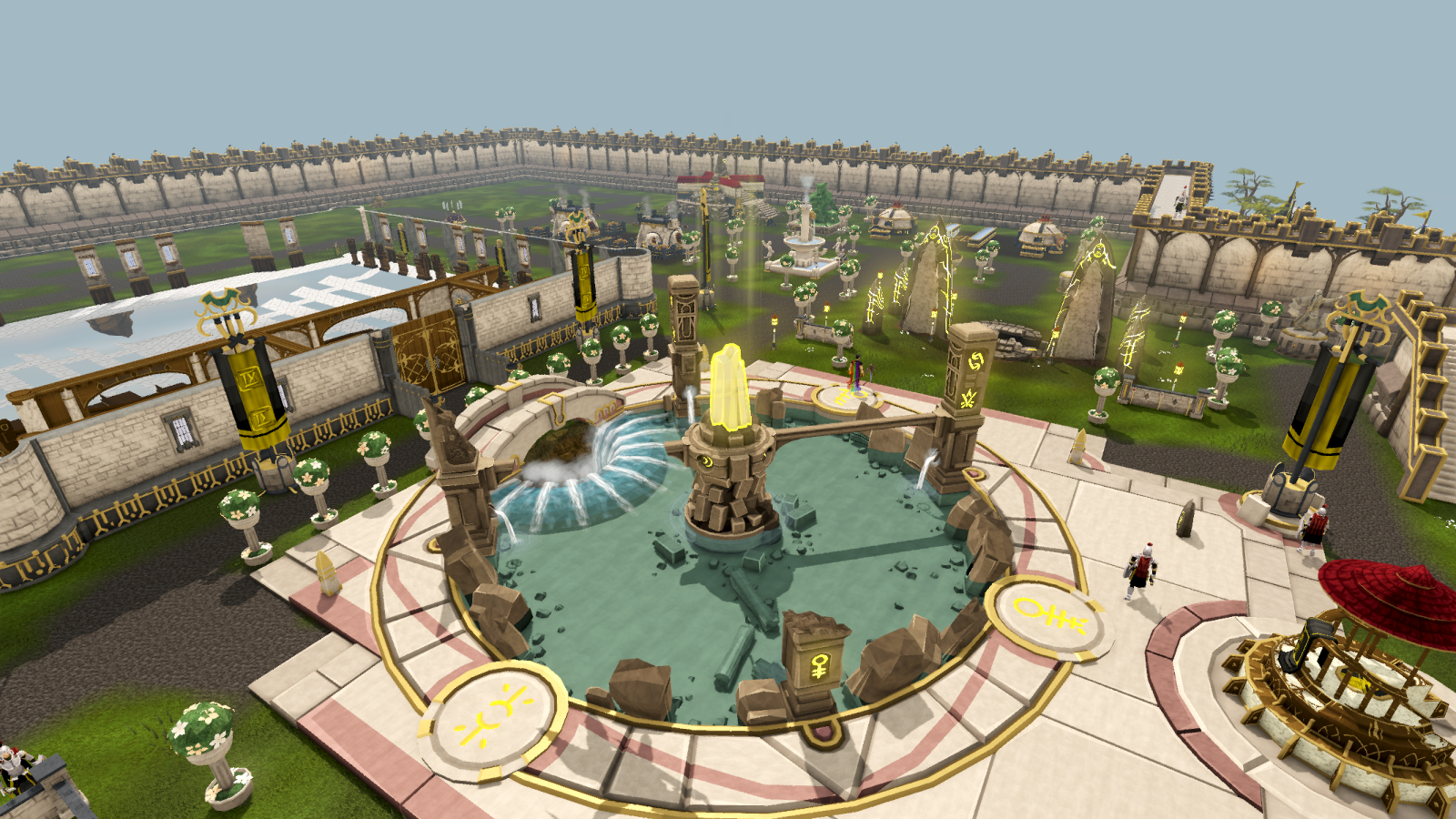 Runescape Citadel town square with fountain and banners HD Wallpaper