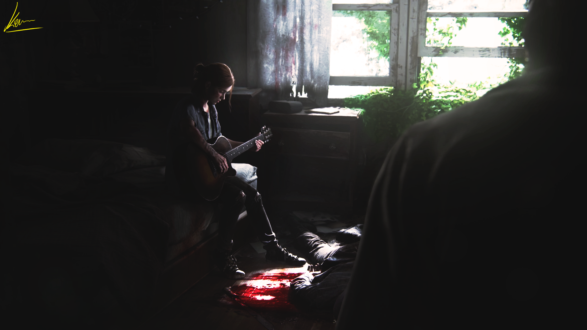 Ellie from The Last of Us playing guitar in a dark room HD Wallpaper