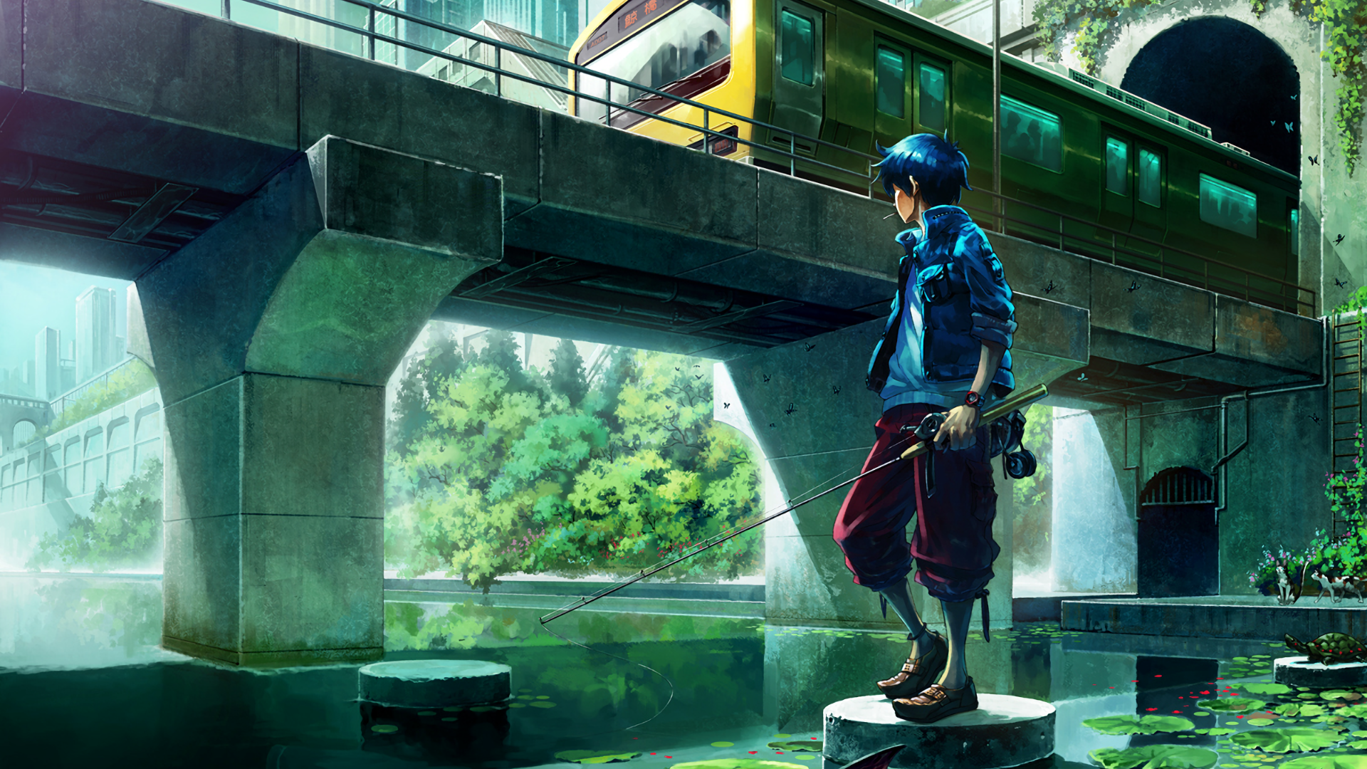 Anime boy fishing under a train bridge HD Wallpaper
