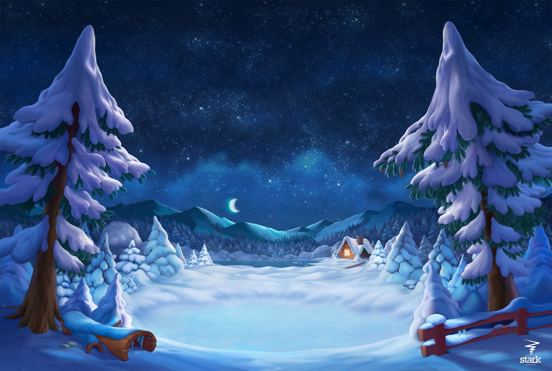 Winter night landscape with snow-covered trees and a cabin HD Wallpaper
