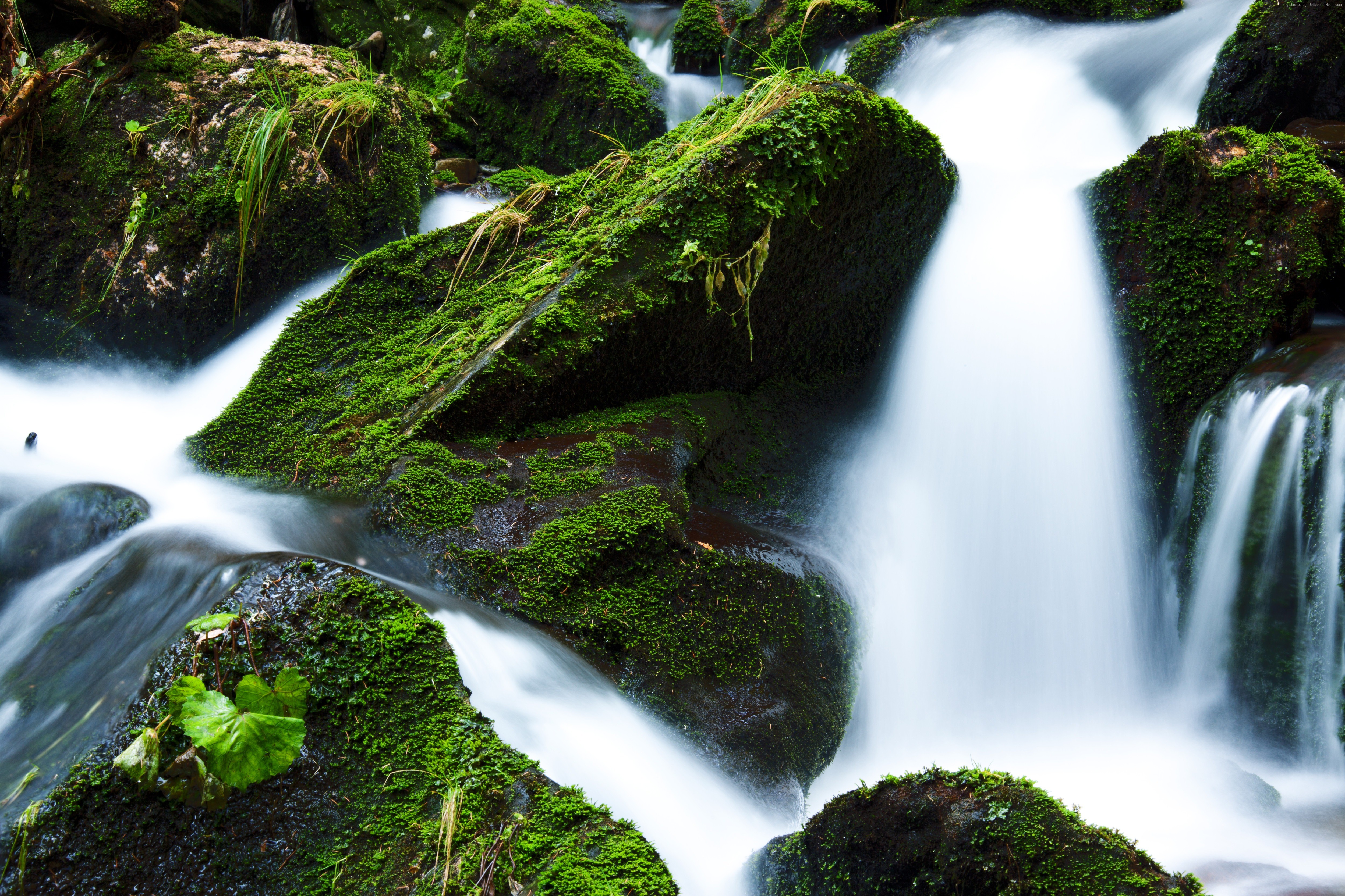 Mossy rocks in a flowing waterfall in Ireland HD Wallpaper