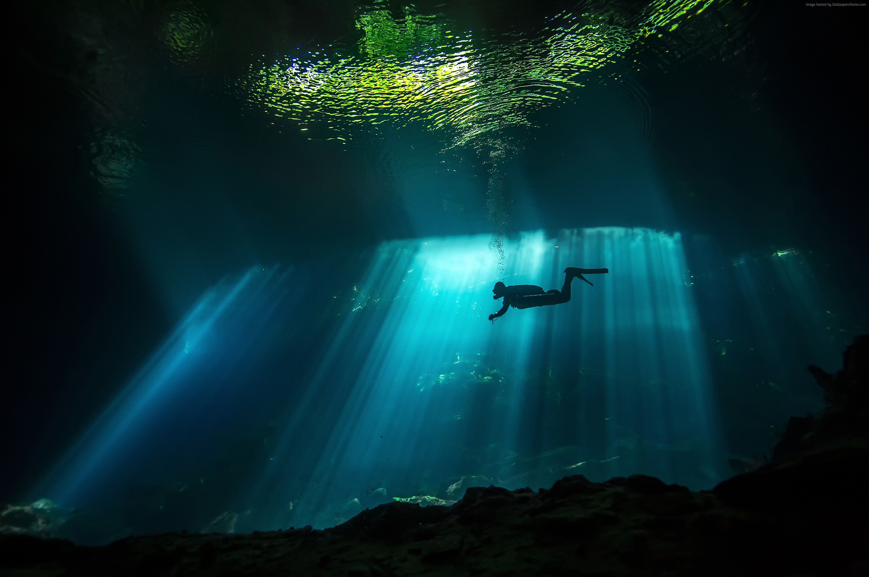 4K Underwater Sunbeams Diver HD Wallpaper