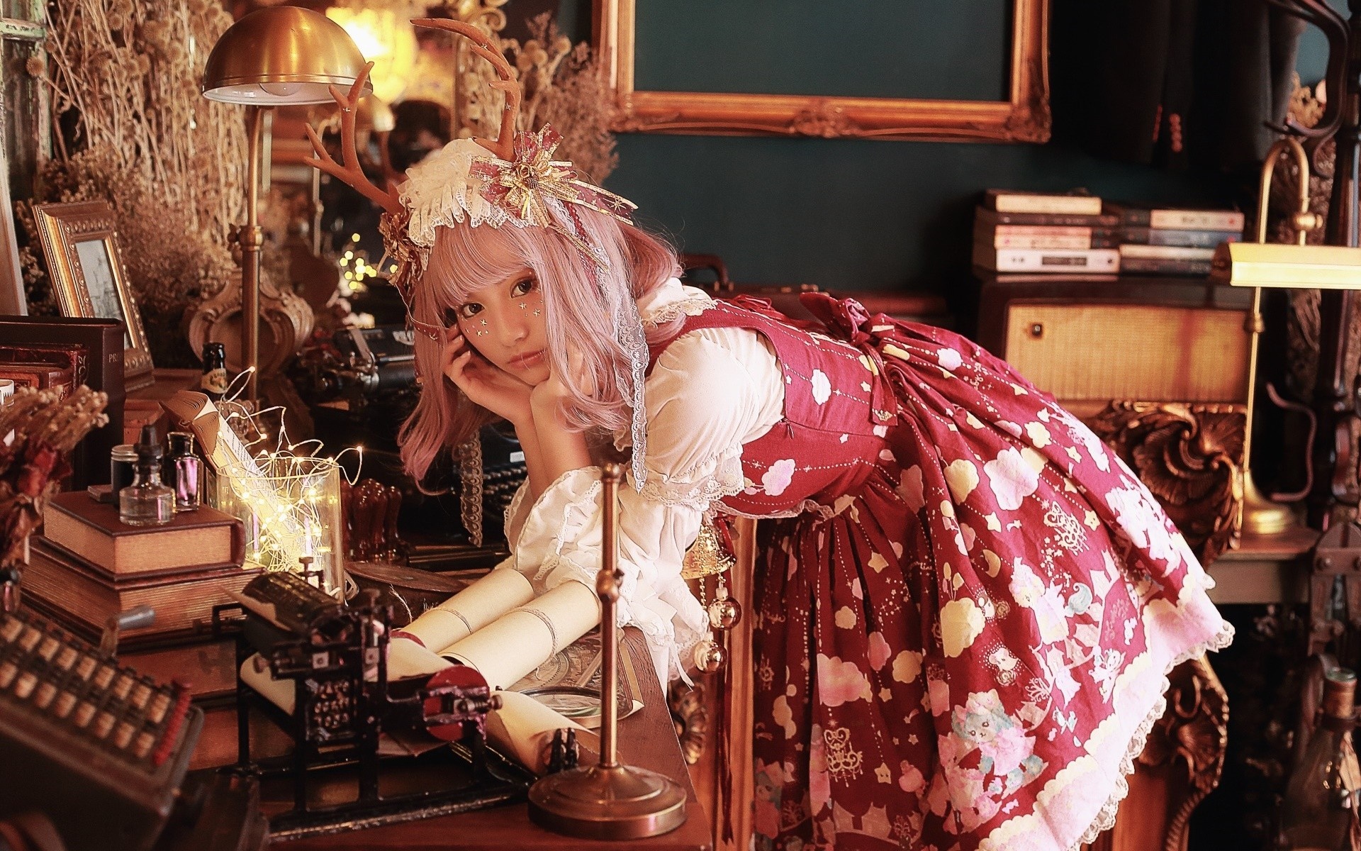 Woman in Lolita costume with deer antlers HD Wallpaper