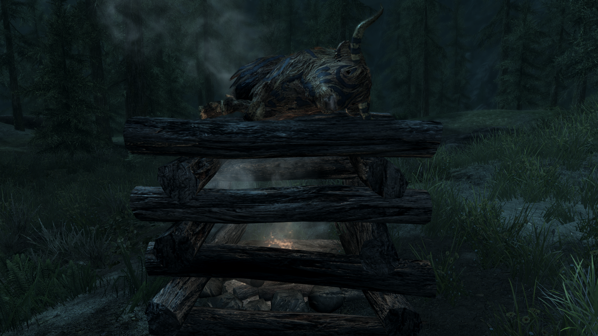 Goat carcass on a campfire in The Elder Scrolls V Skyrim HD Wallpaper