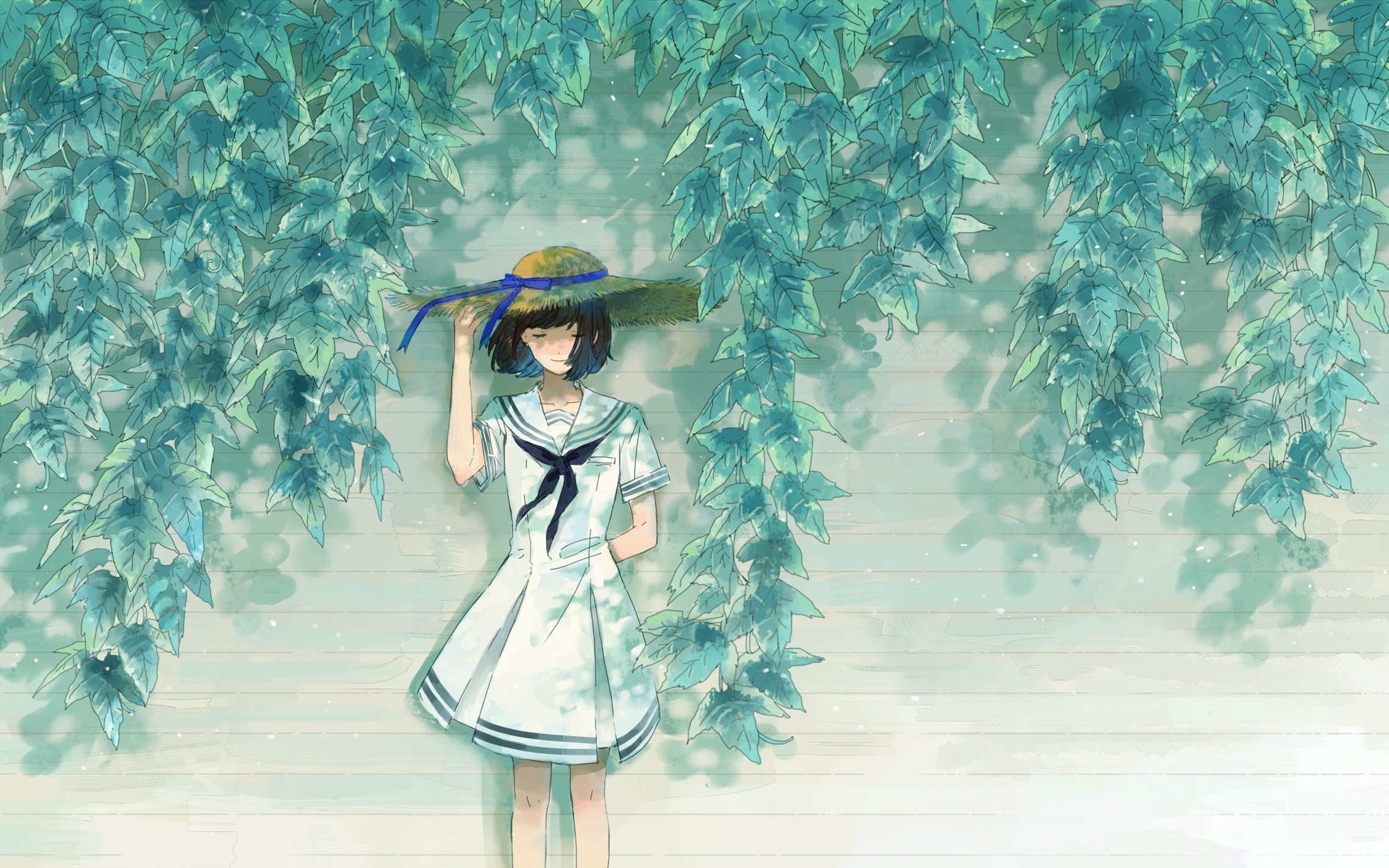 Girl in a sailor dress and sun hat under leaves HD Wallpaper