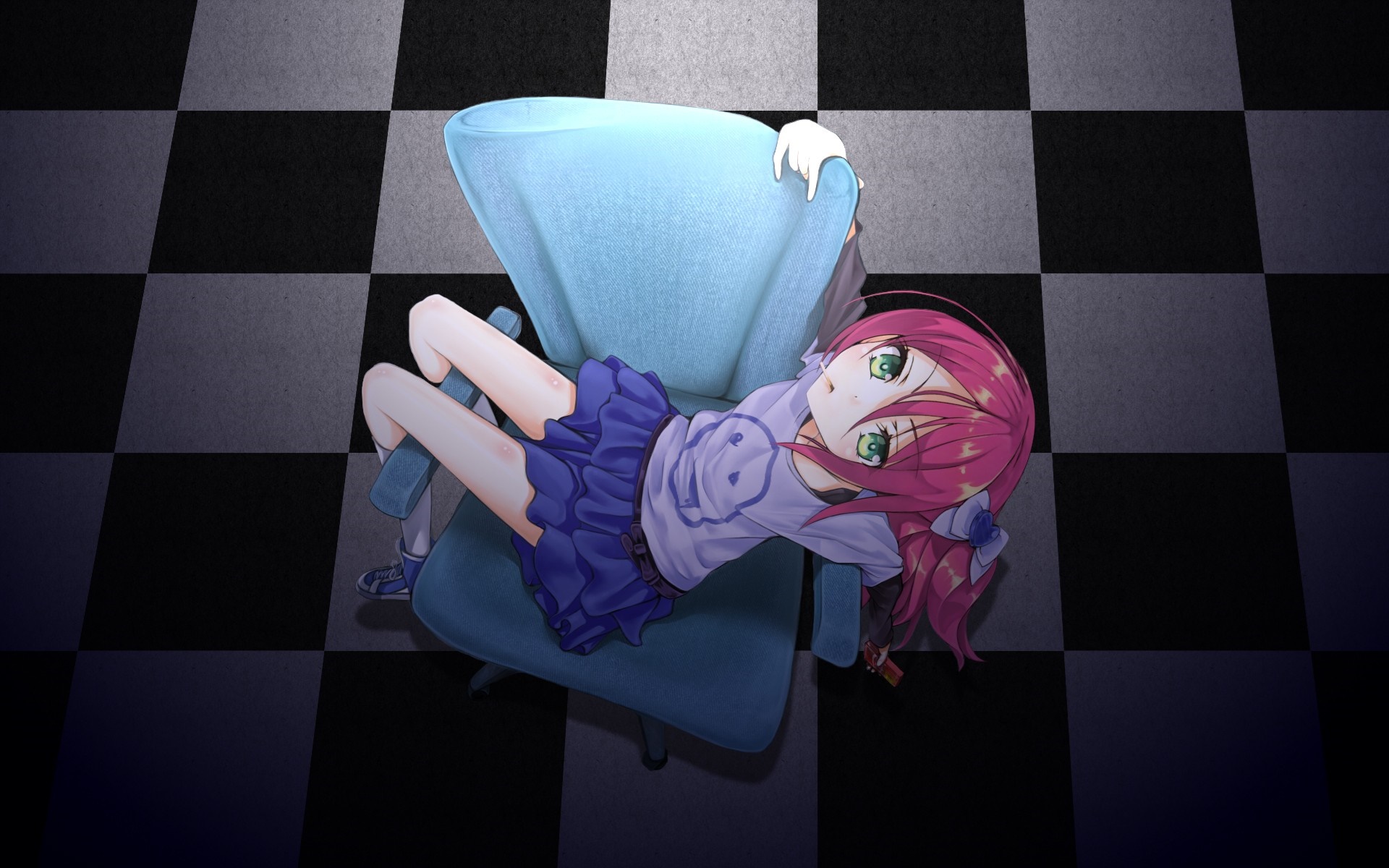 Anime girl with pink hair on a chair HD Wallpaper