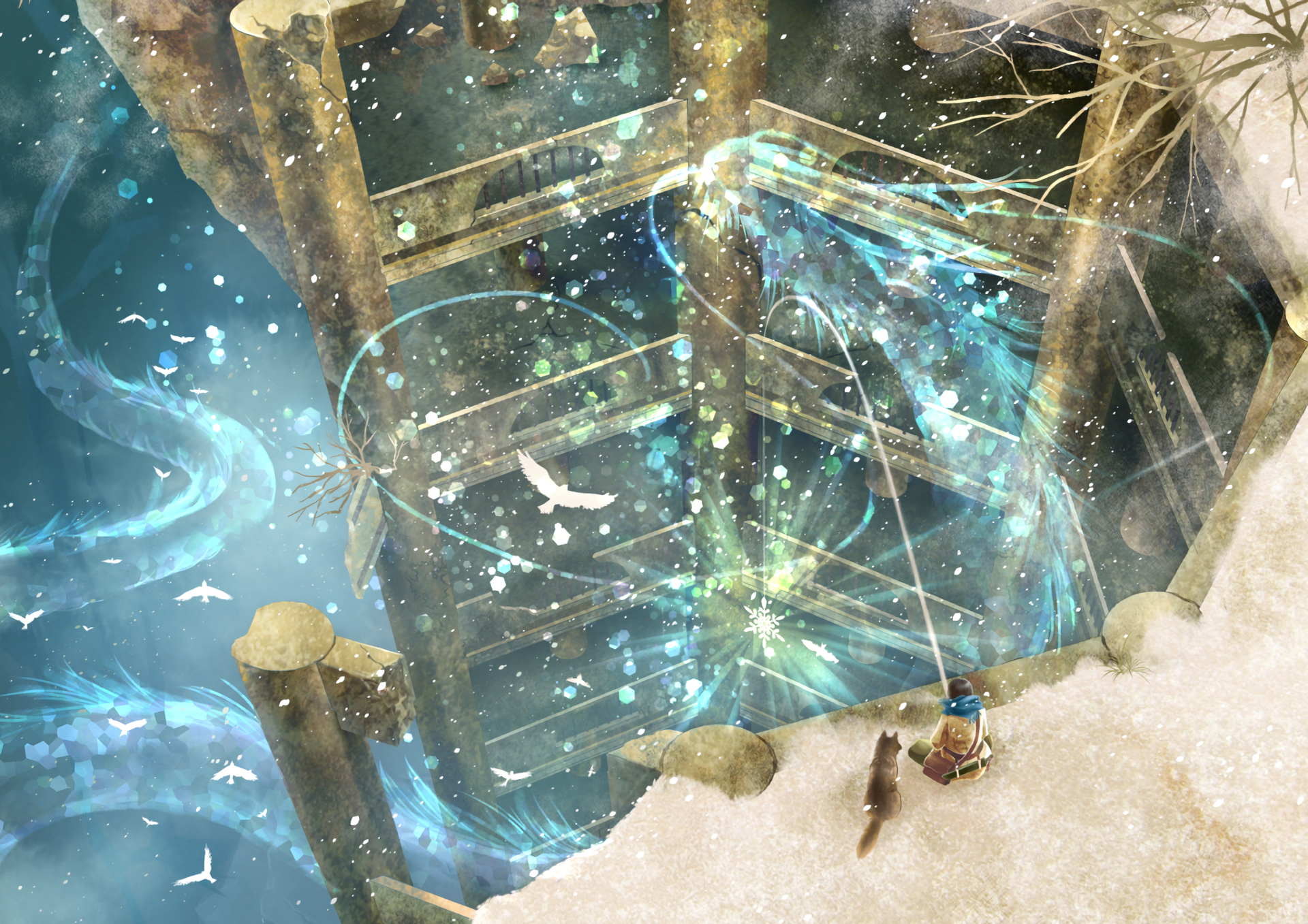 Anime girl fishing with a wolf in a snowy, magical landscape HD Wallpaper