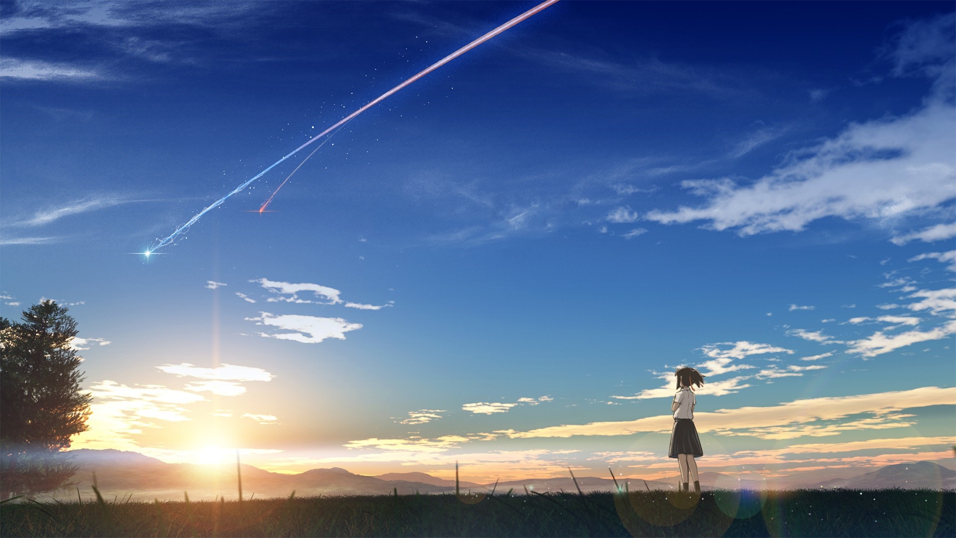Girl watching comet streaks in the sky at sunset HD Wallpaper