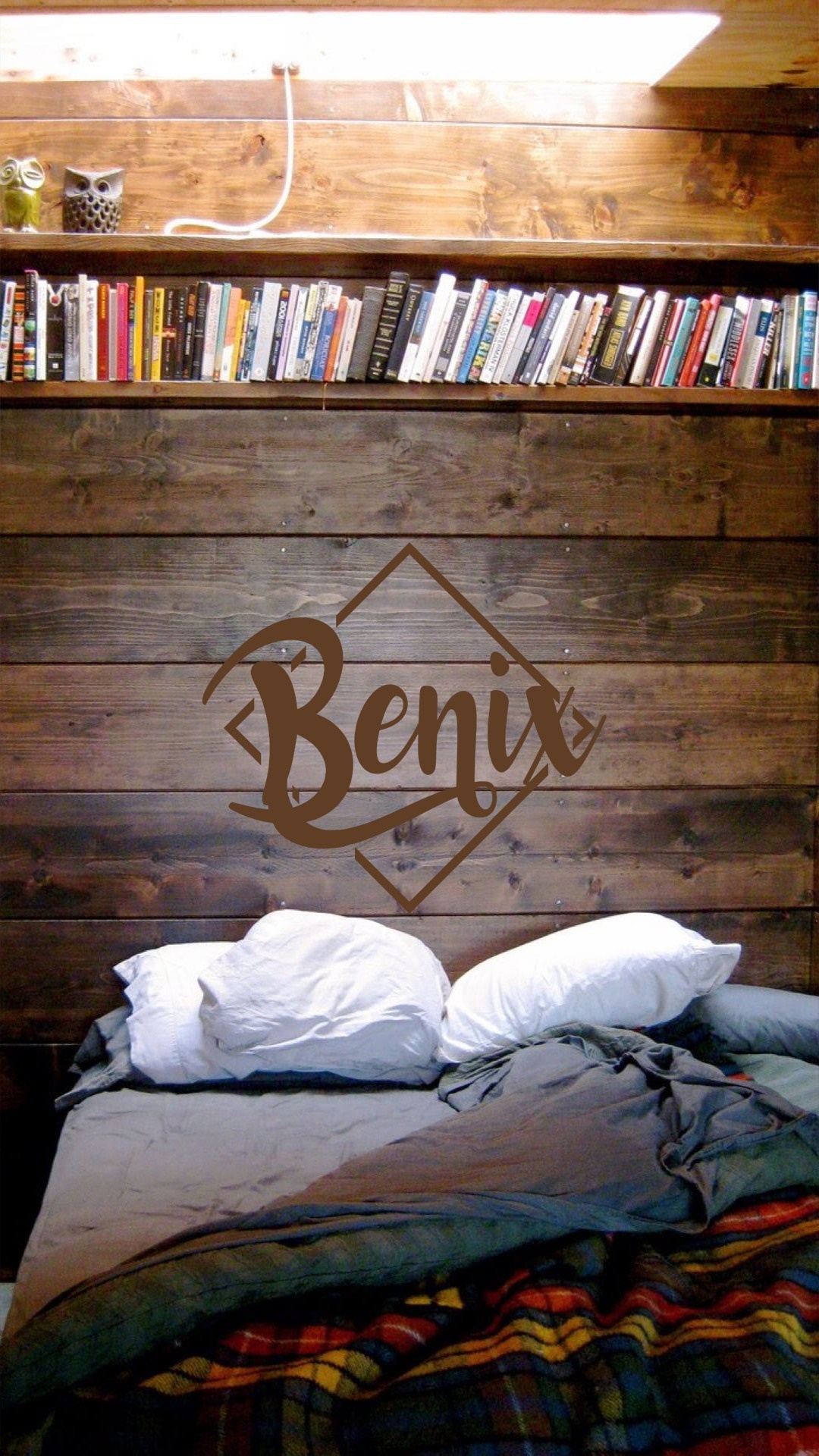 Bedroom with wooden wall and bookshelf HD Wallpaper