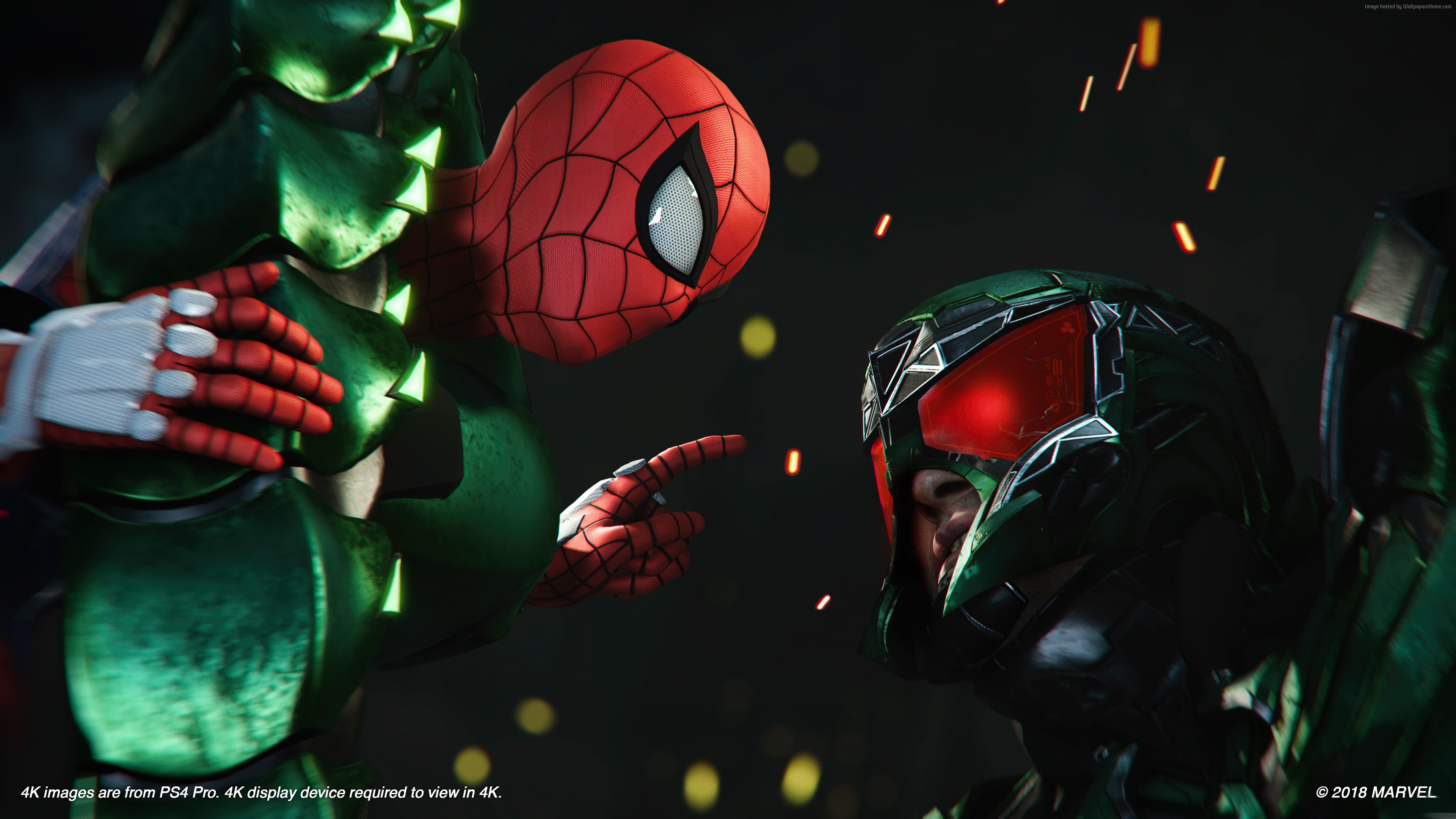 Spider-Man from Marvel's Spider-Man fighting a green armored foe HD Wallpaper