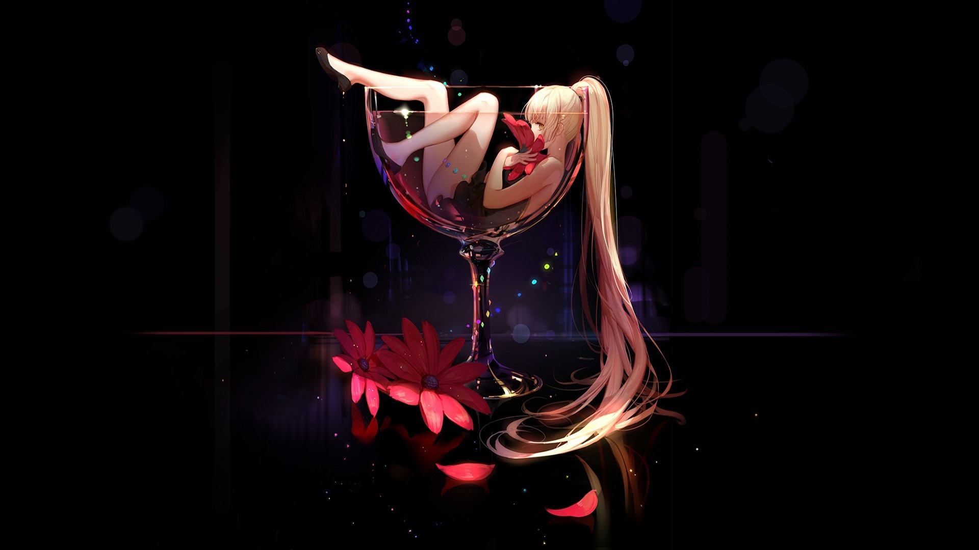 Anime girl in a wine glass with flowers HD Wallpaper