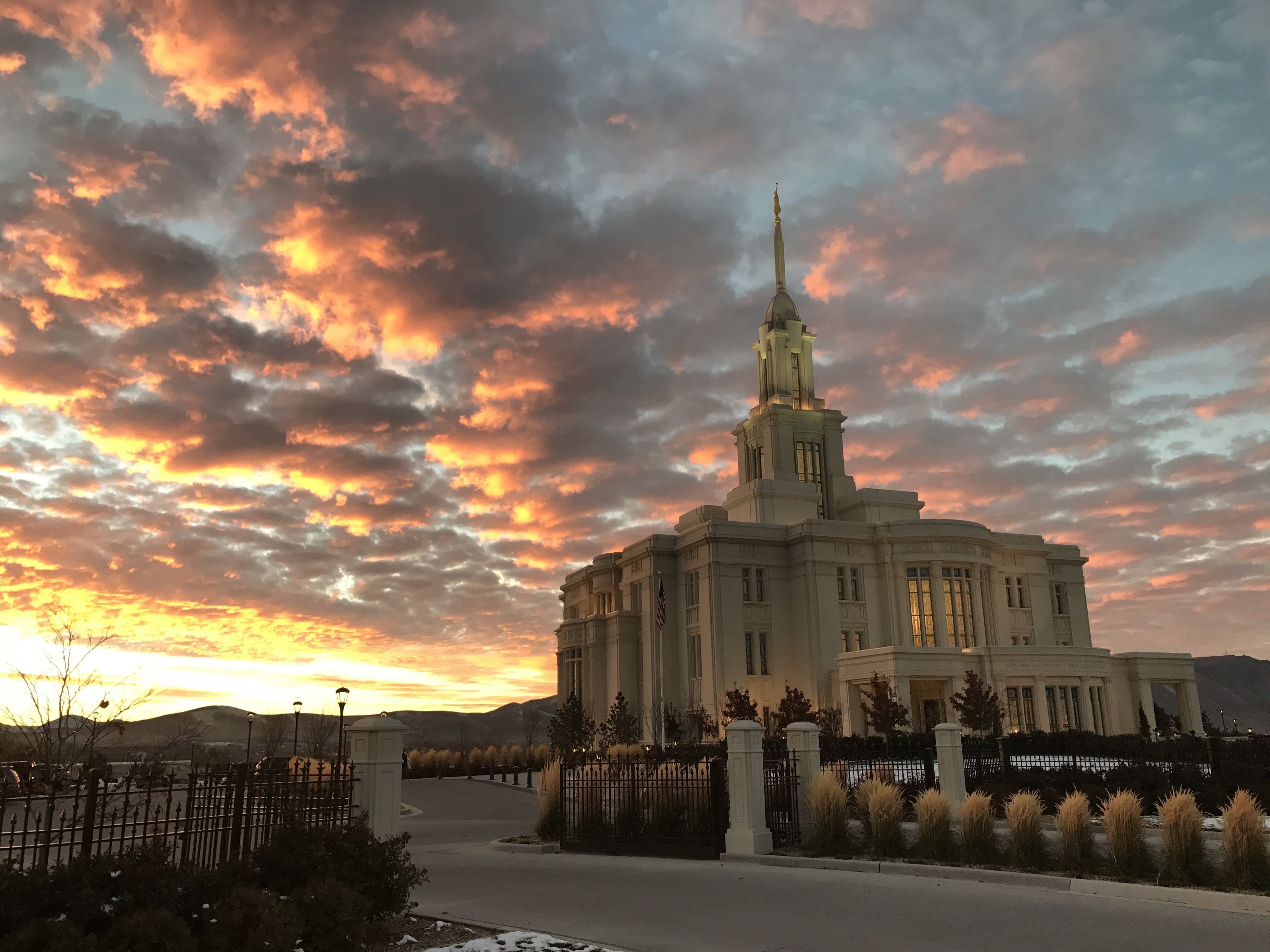 Temple at sunset with colorful clouds HD Wallpaper