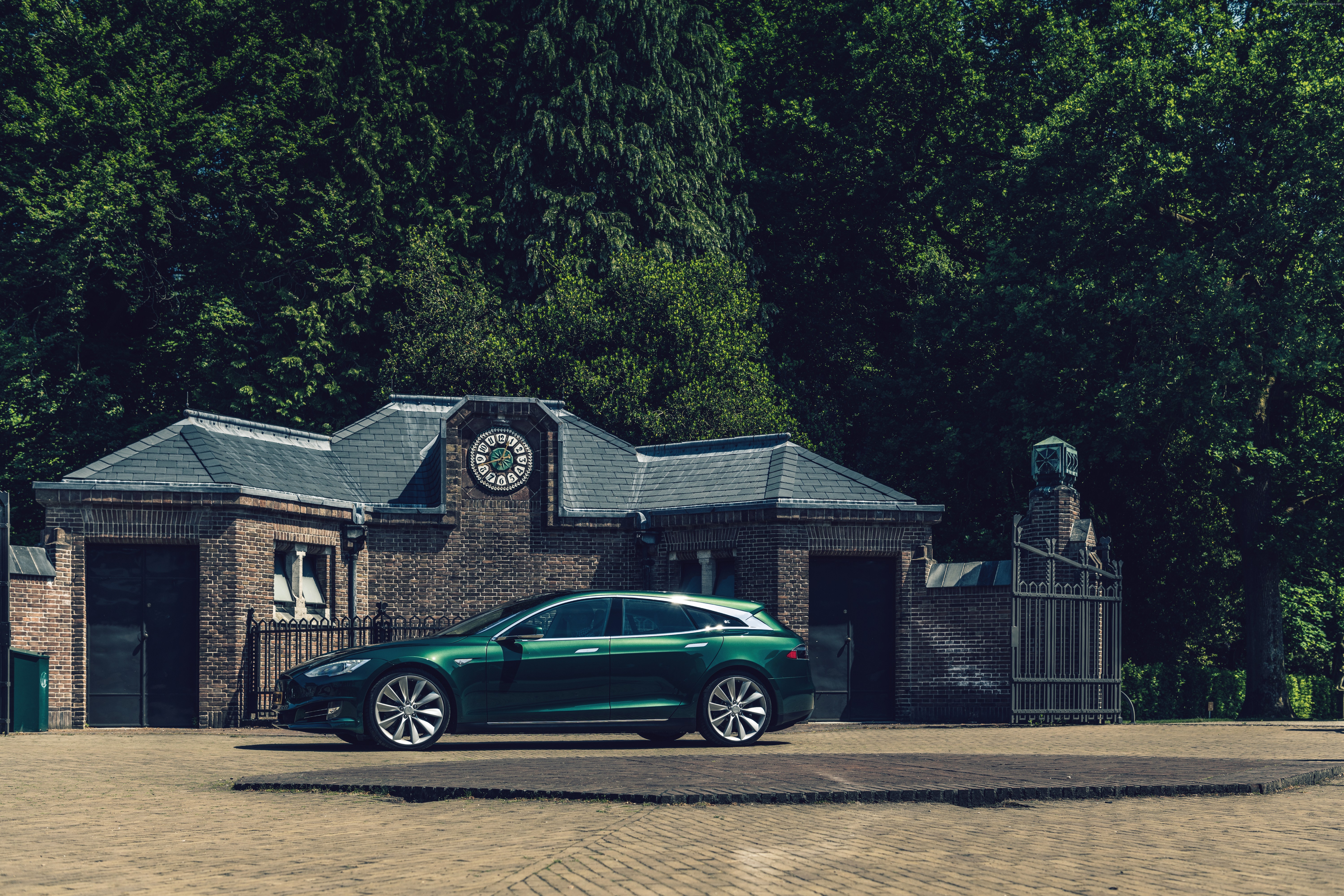 Green Tesla Model S Shooting Brake near brick building HD Wallpaper
