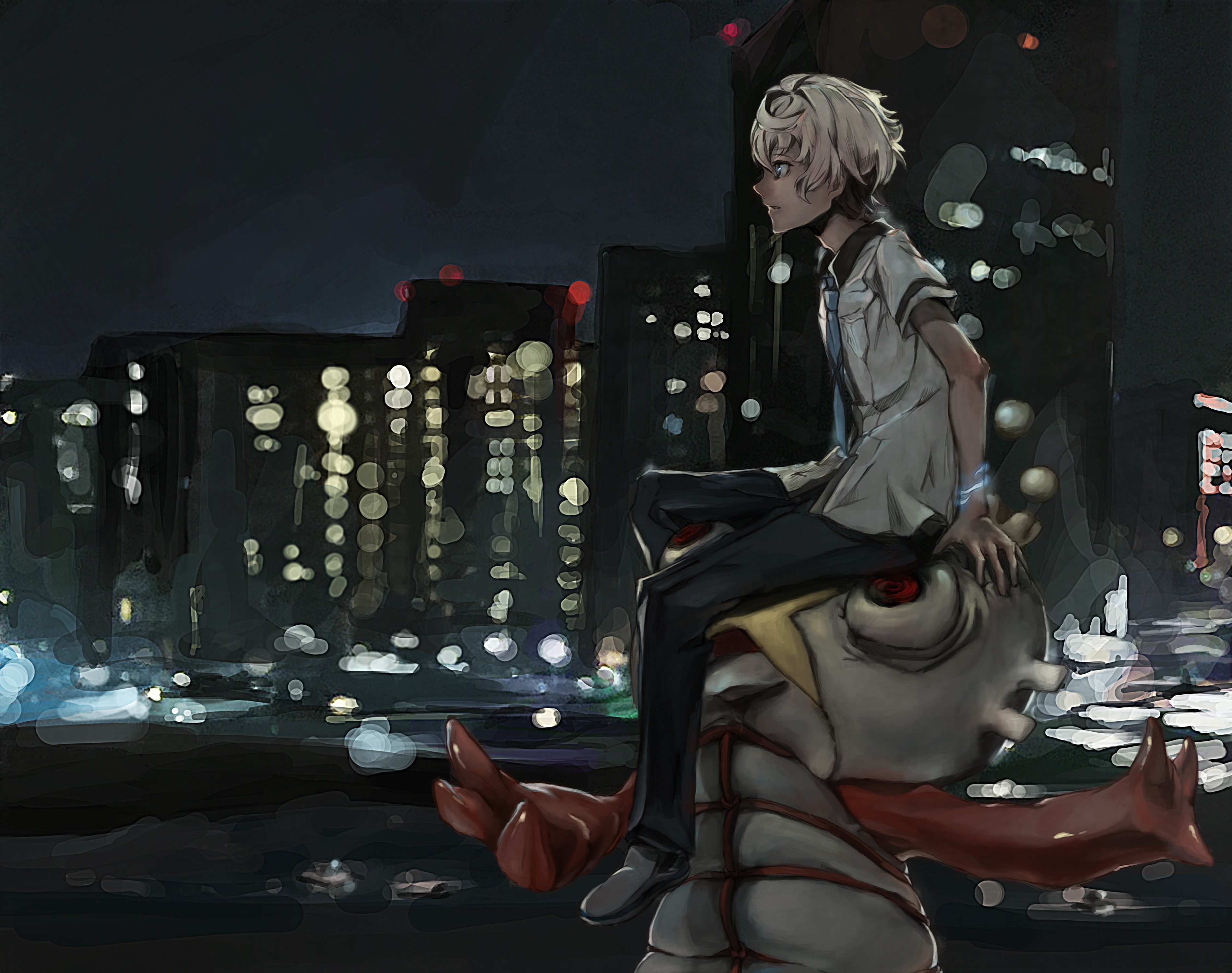 Katsuhira Agata from Kiznaiver sitting on a creature at night HD Wallpaper
