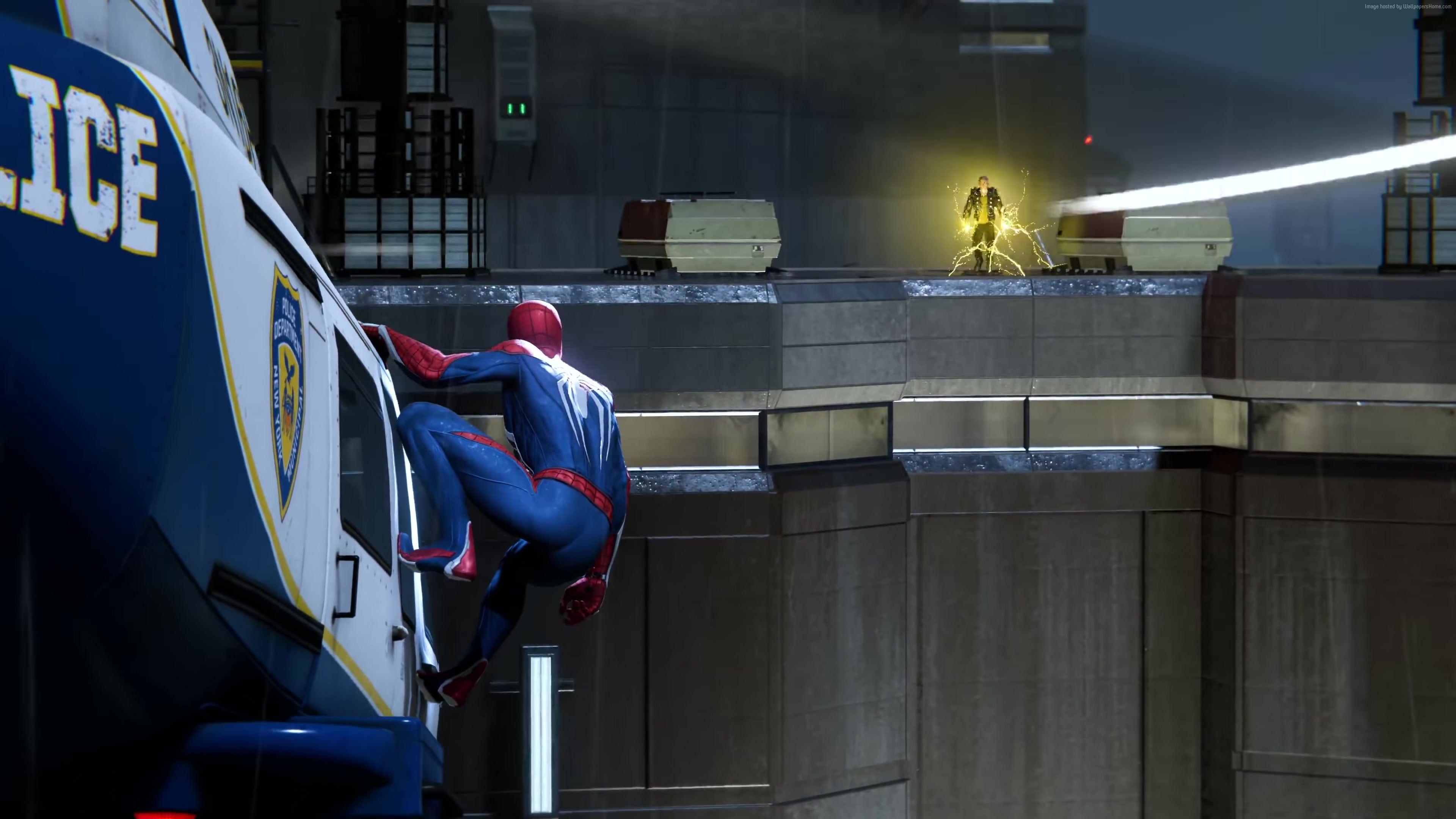 Spider-Man from Marvel's Spider-Man on a police helicopter HD Wallpaper
