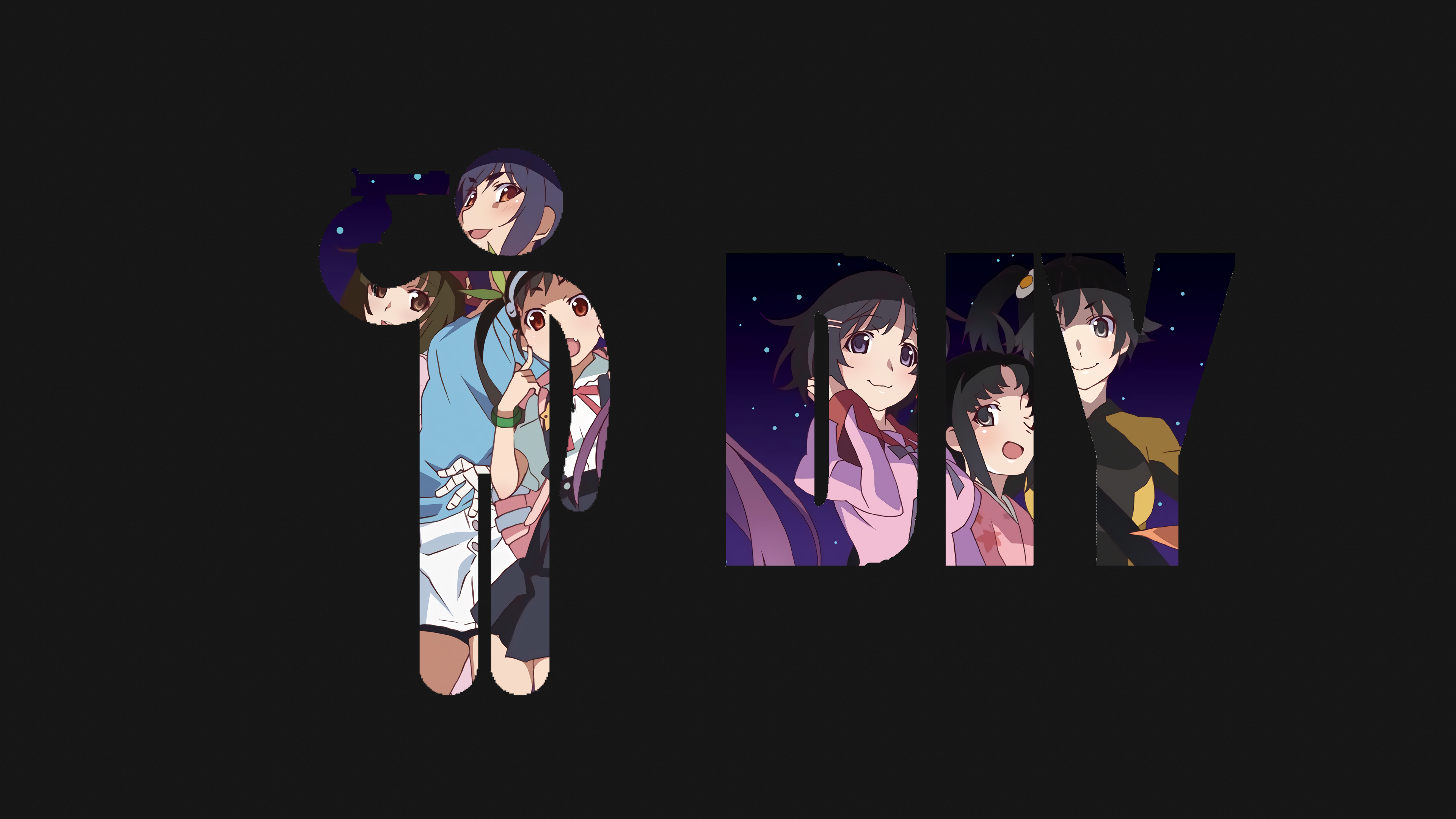 Monogatari Series typography with characters HD Wallpaper