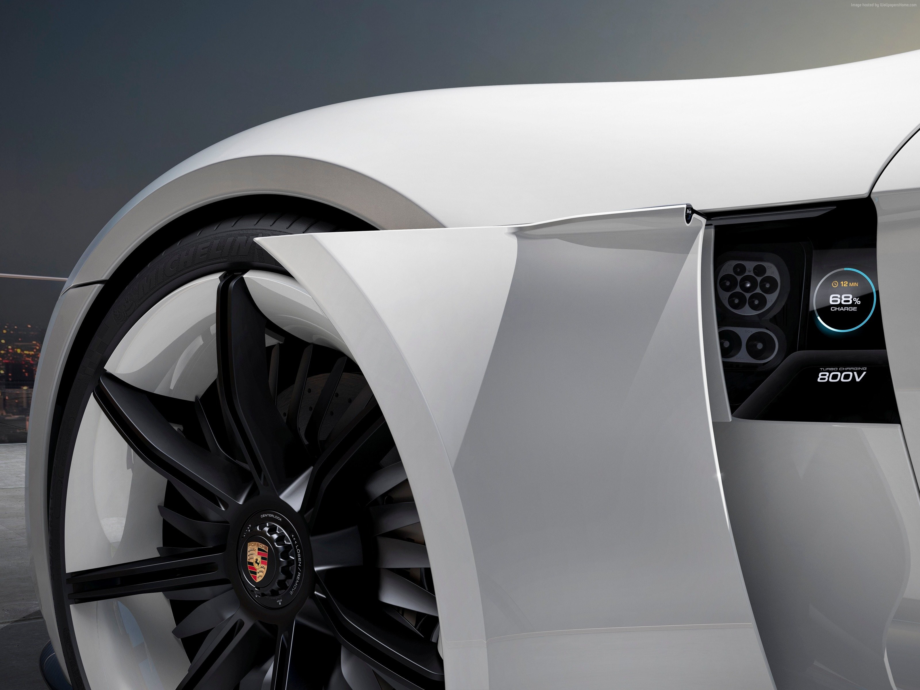 White Porsche Taycan Electric Car Charging Port HD Wallpaper